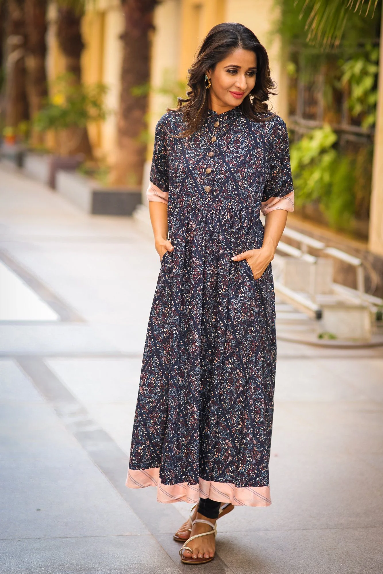 Classic Blue & Peach Long Maternity and Nursing Kurta - Chenance