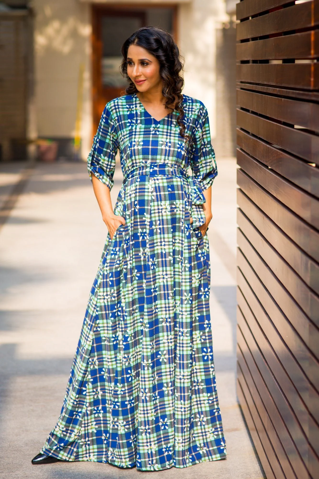 Mint Blossom Check Concealed Zips Maternity & Nursing Maxi Dress - Chenance