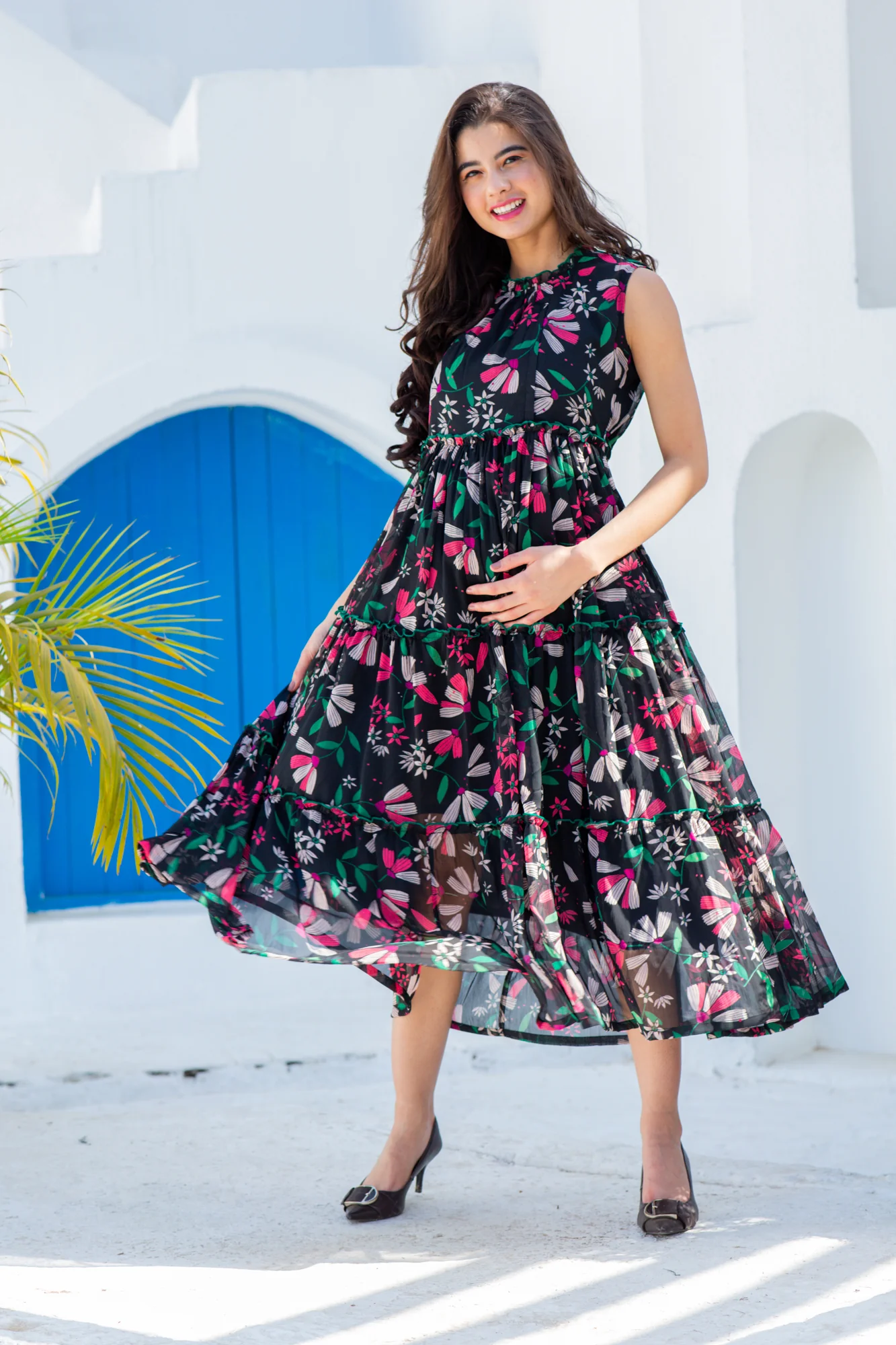 Black Cascading Maternity & Nursing Concealed Zips Frill Dress - Chenance