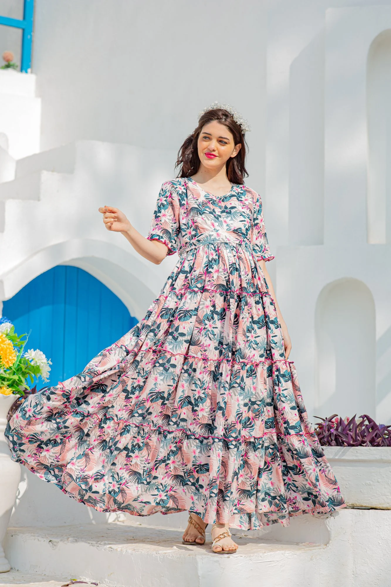 Peachy Tropical Bloom Frill Maternity & Nursing Dress - Chenance