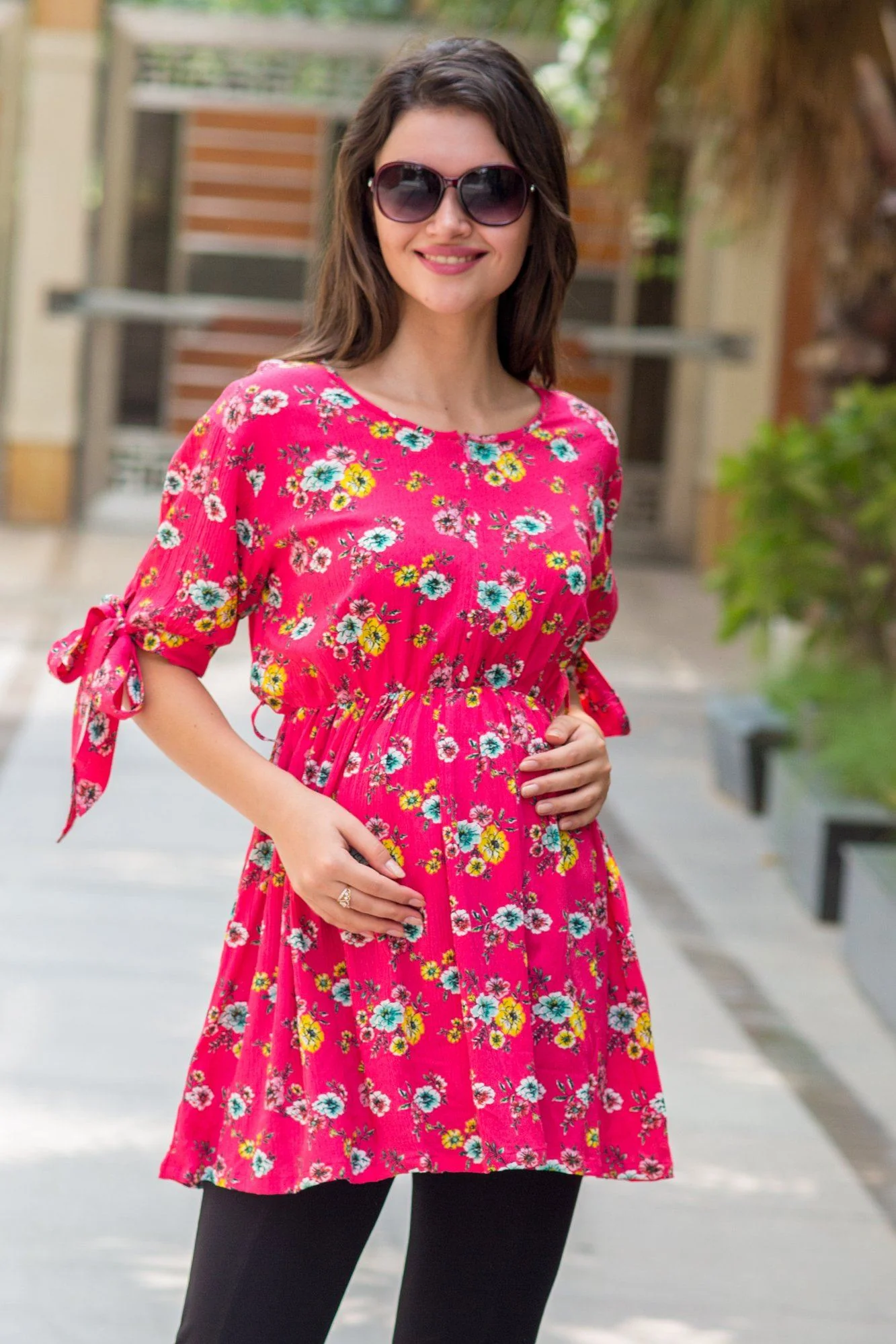 Pink Bow Tie Gathered Nursing Top - Chenance