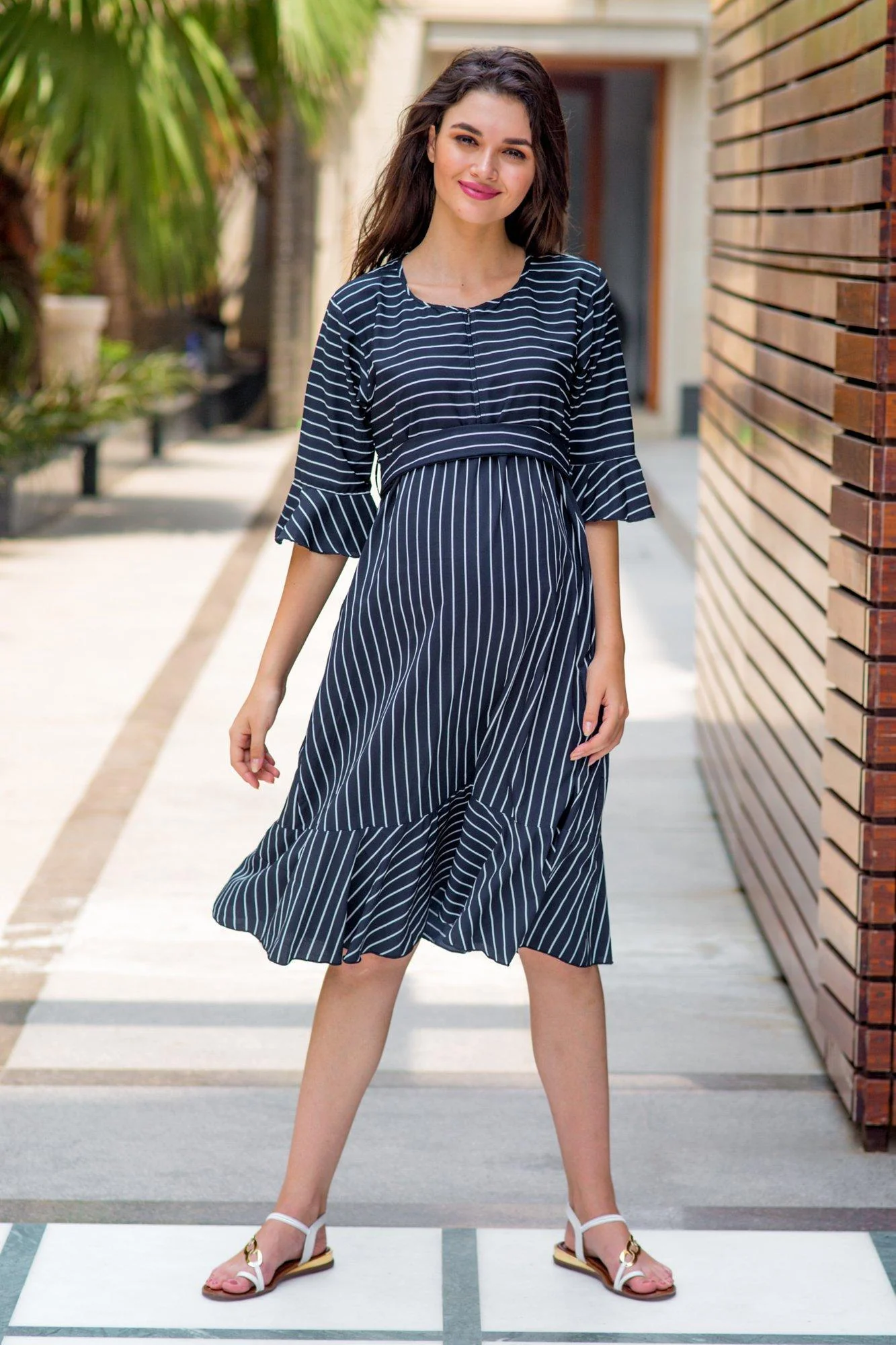 Elegant Ruffle Stripe Maternity & Nursing Dress - Chenance