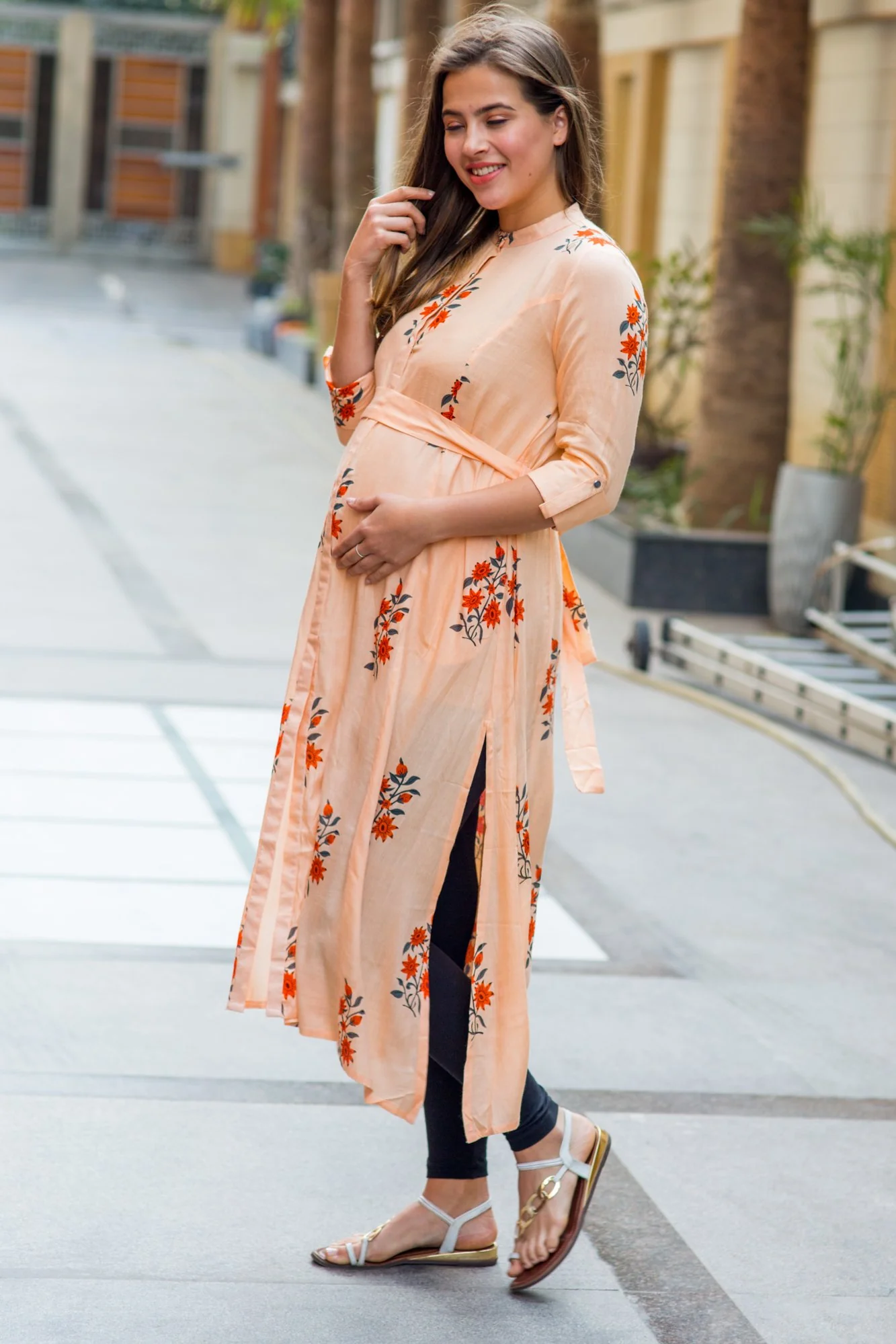 Loom Peach Floral Maternity and Nursing Kurta - Chenance