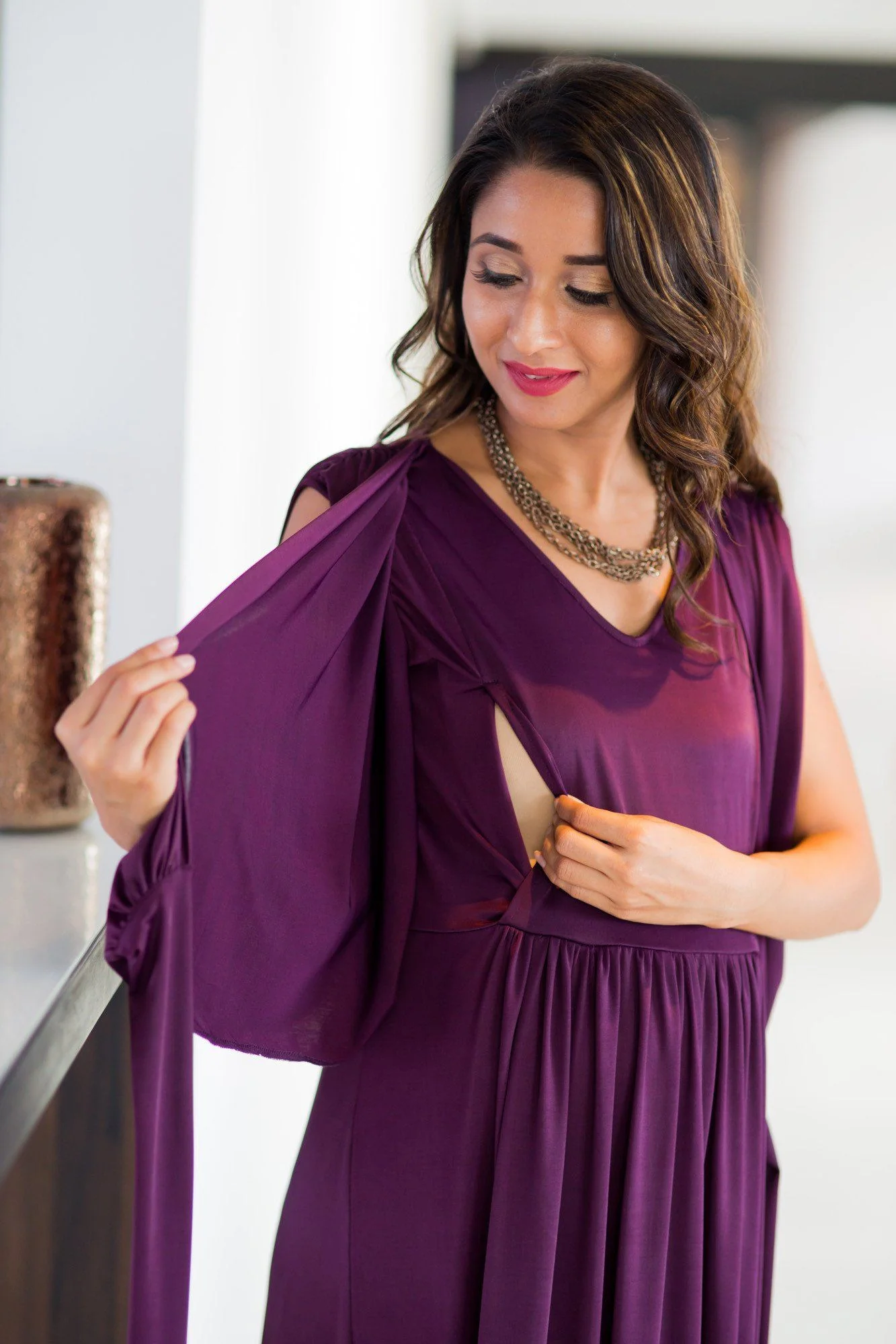 Plum Flowing Sleeveless Maternity & Nursing Wrap Dress - Chenance