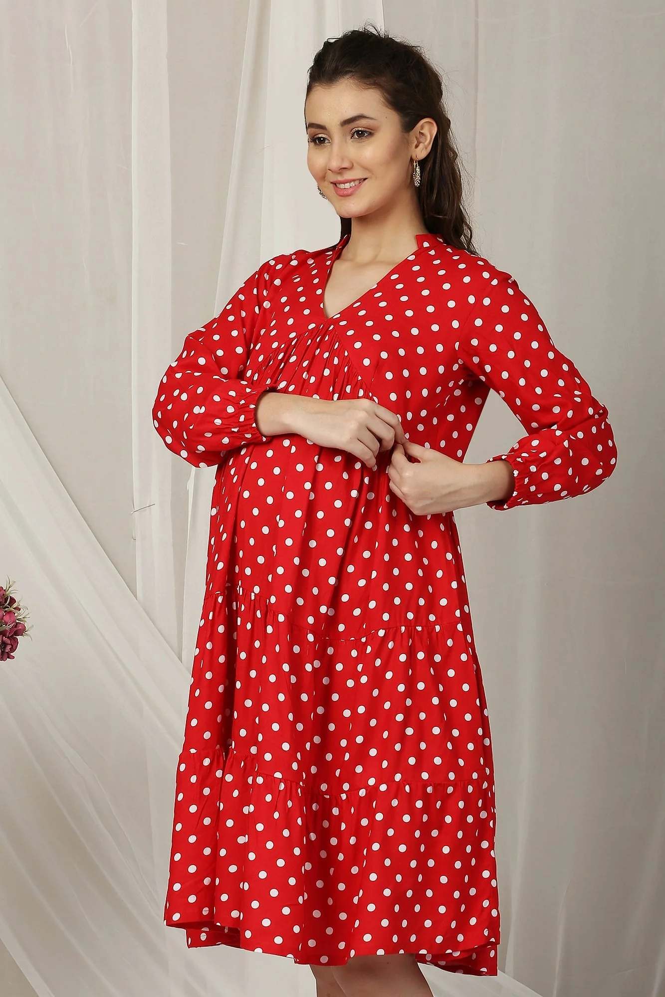 Timeless Red Polka Maternity & Nursing Layered Dress - Chenance