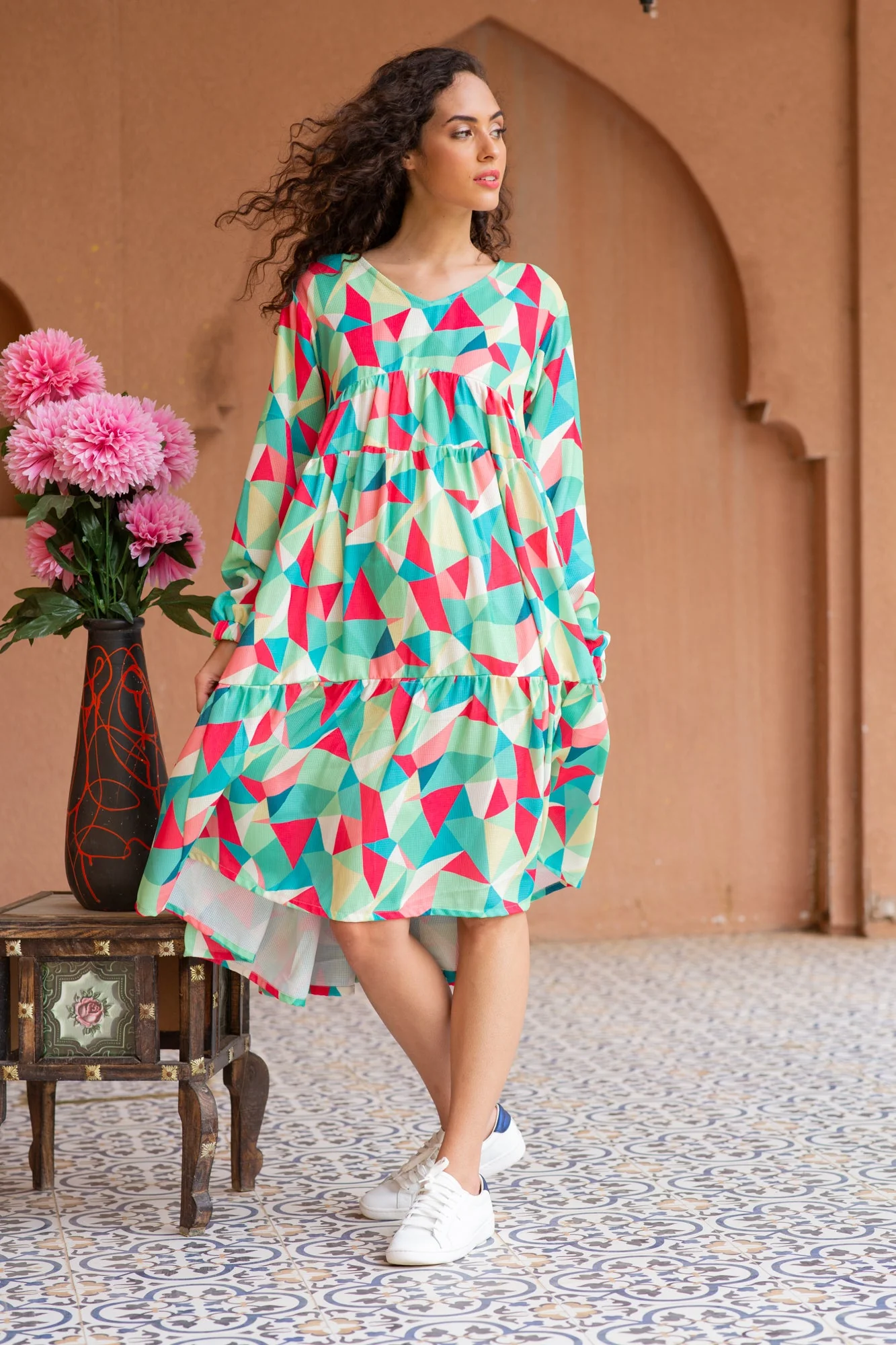 Boho Chic Multicolor Maternity & Nursing Knee Dress - Chenance