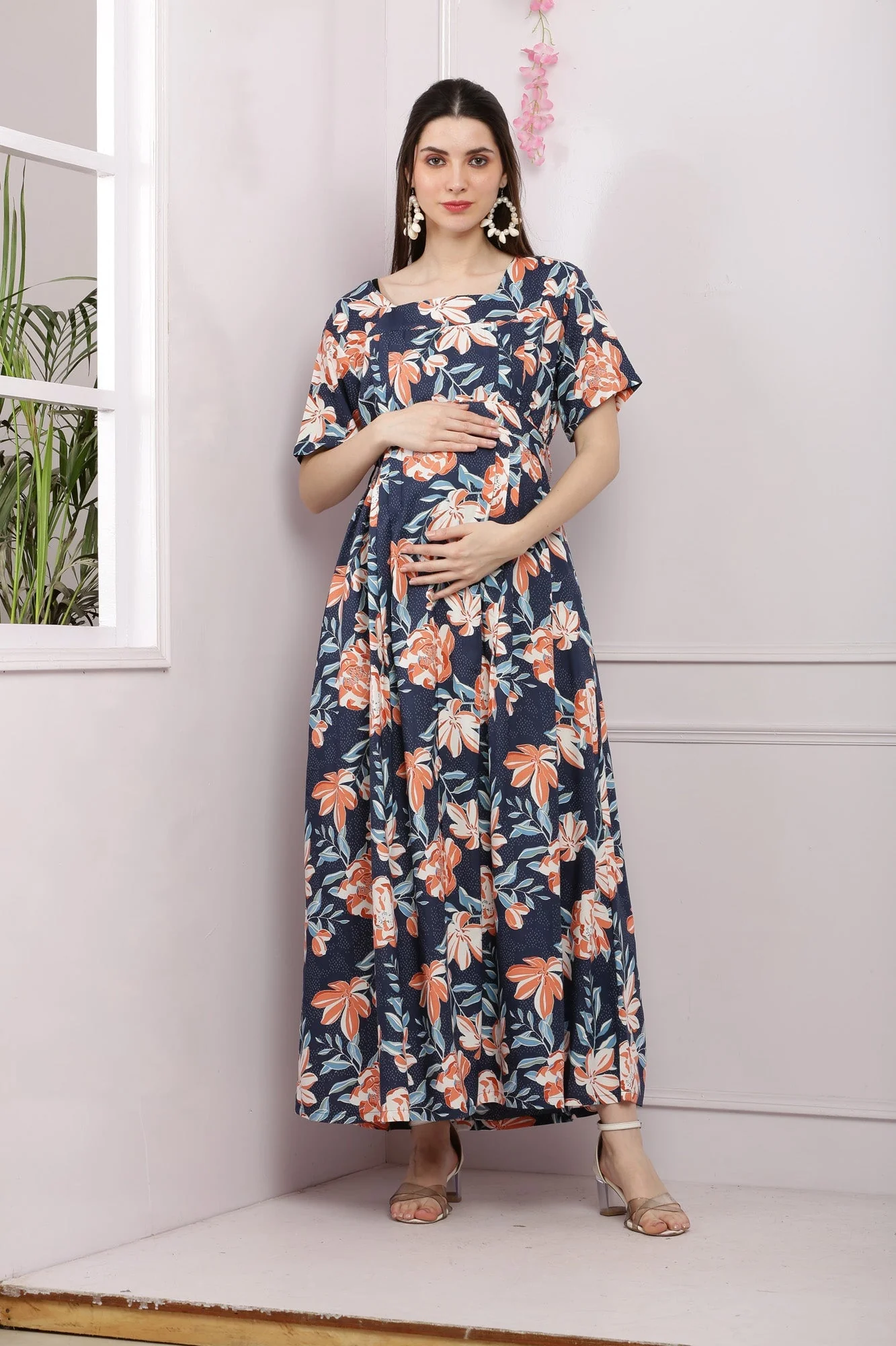 Midnight Blue Flowerbomb Maternity & Nursing Maxi Dress - Chenance