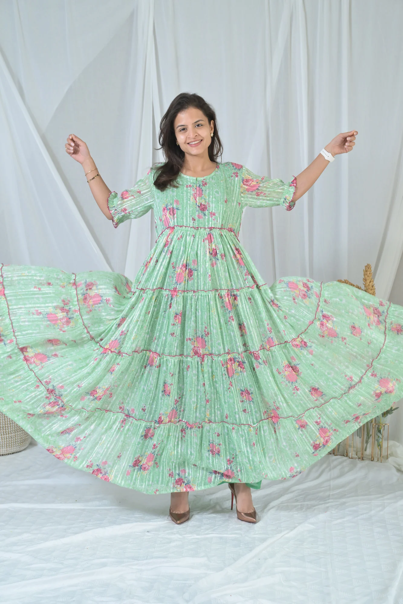 Graceful Mint Green Frill Maternity & Nursing Dress - Chenance