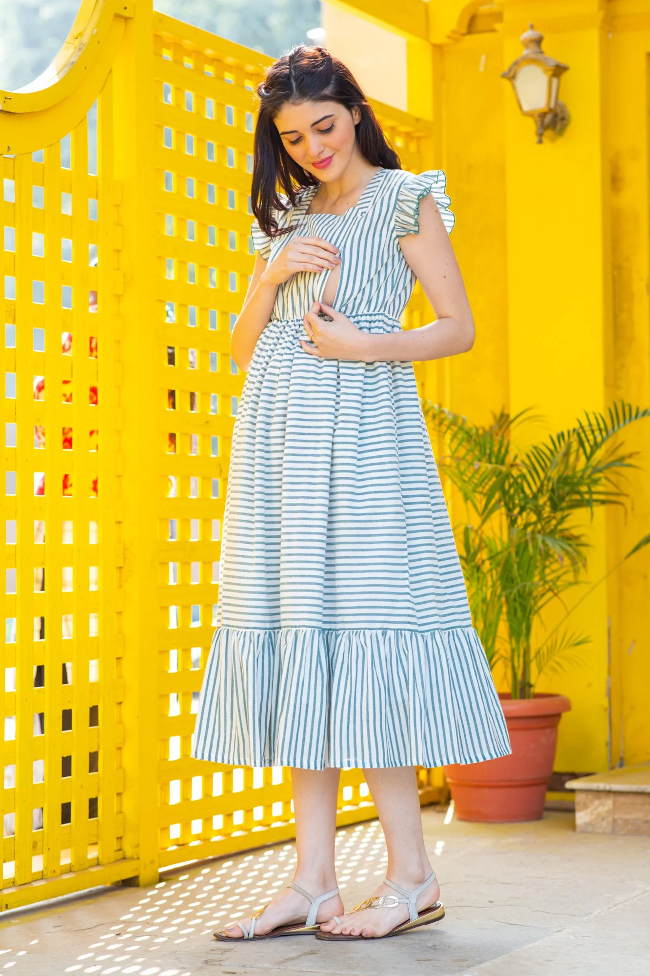 Sage Striped Maternity & Nursing Frill Dress - Chenance