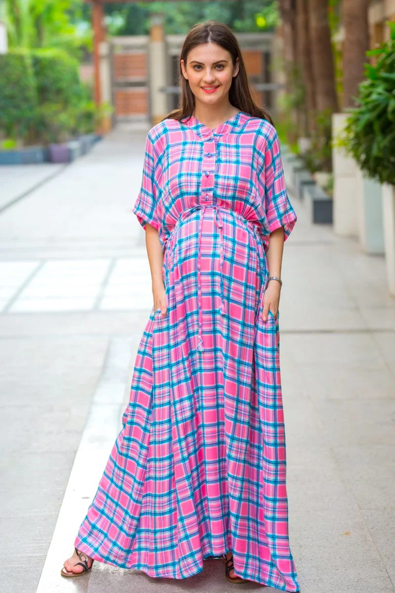 Kimono Pastel Plaid Maternity & Nursing Dress / Delivery Gown/ Night Dress - Chenance