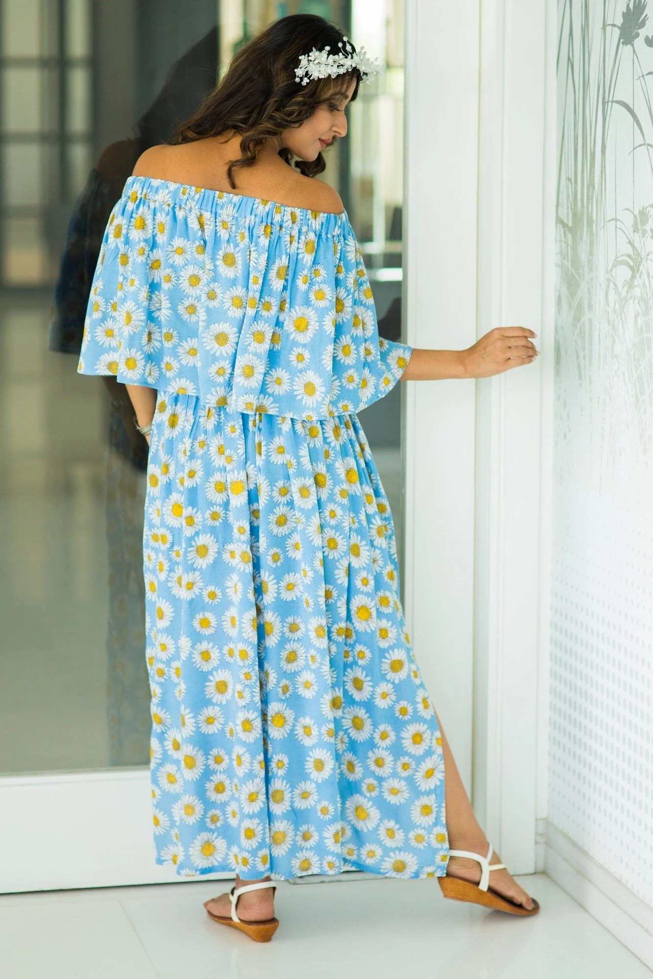 Sun flower Off-Shoulder Maternity Maxi Dress - Chenance