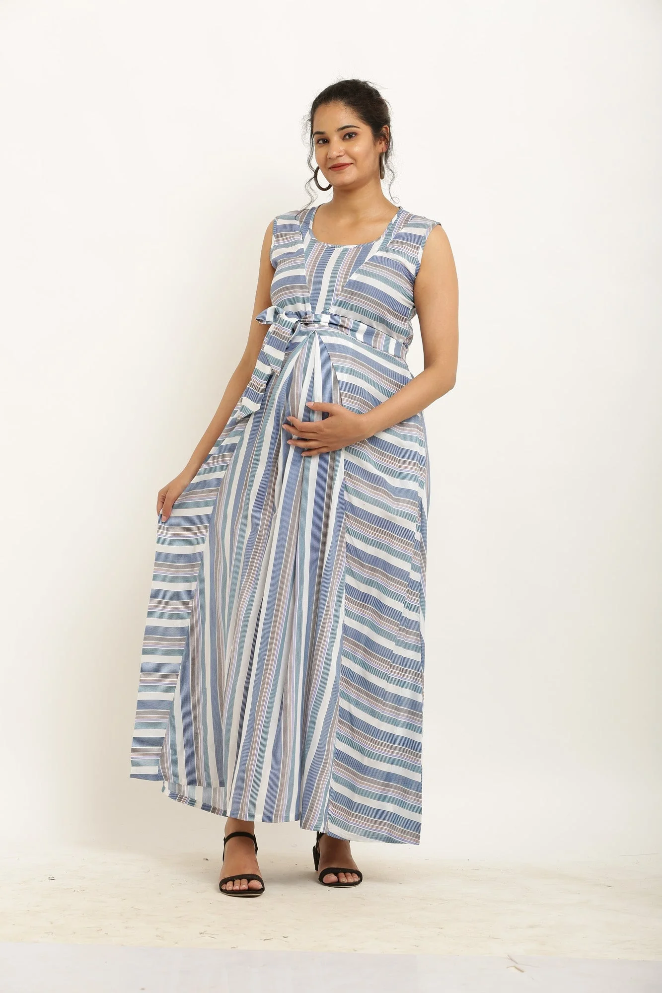 Cheerful Dusty Blue Striped Maternity & Nursing Dress - Chenance