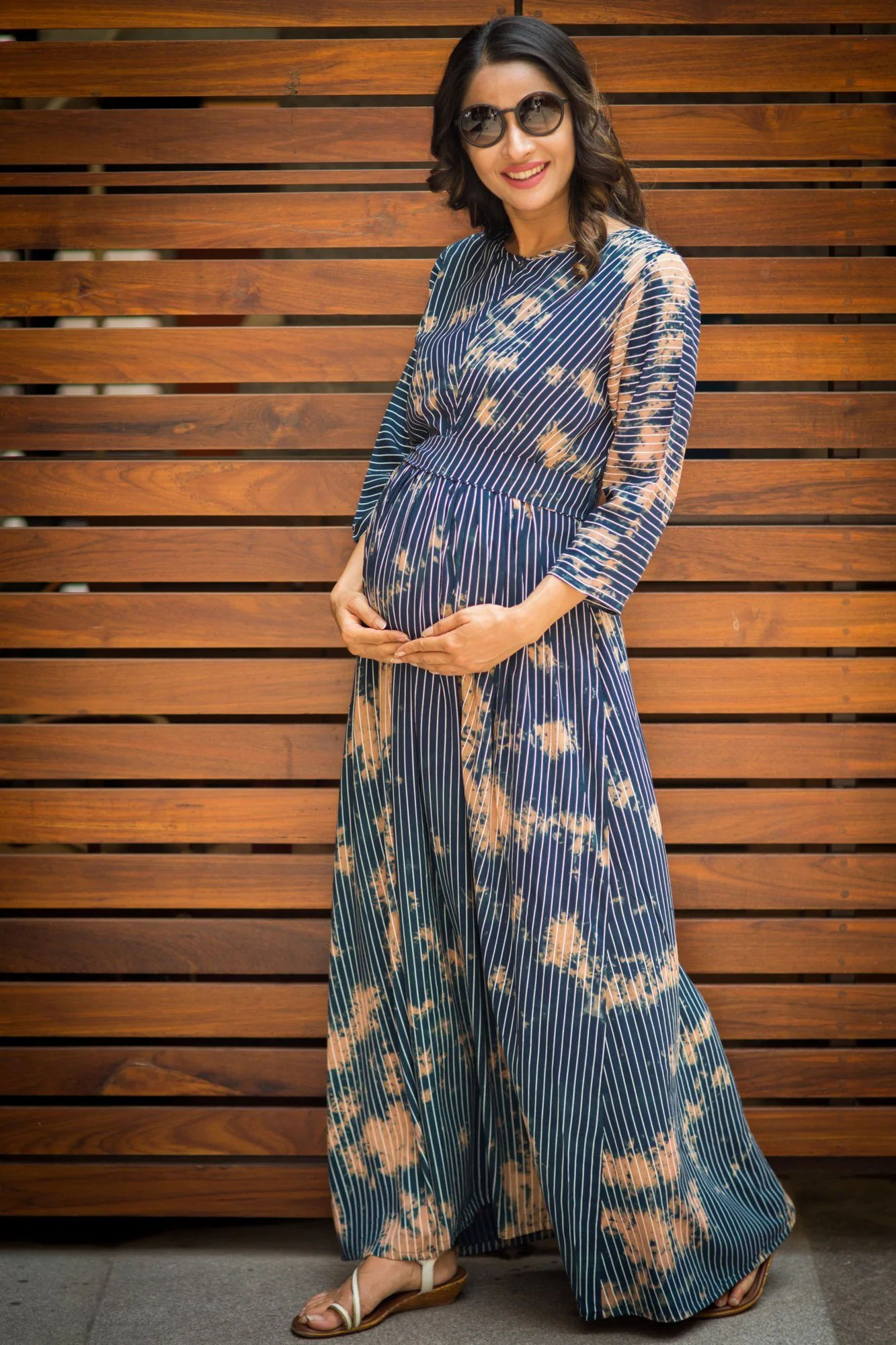 Chic Blue Wash Striped Maternity & Nursing Dress - Chenance