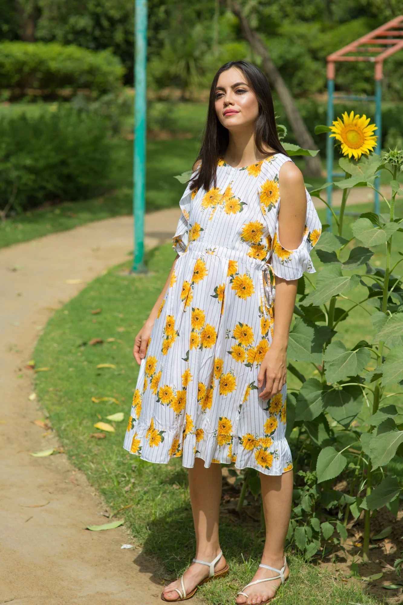 Sunflower Frill Front Zip Maternity & Nursing Dress - Chenance