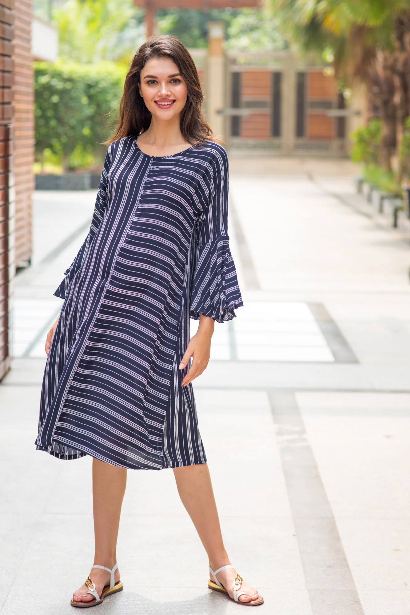 Bell Sleeves Striped Maternity & Nursing Dress - Chenance
