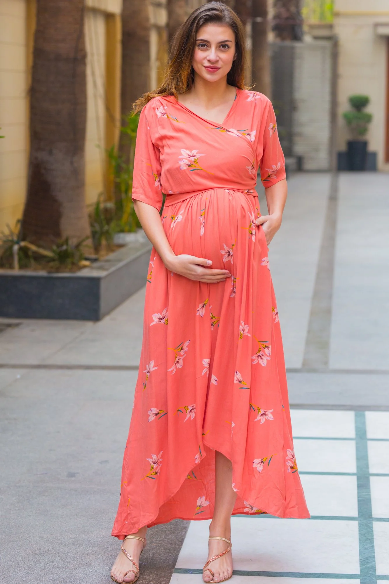 Soothing Coral Maternity & Nursing Wrap Dress - Chenance