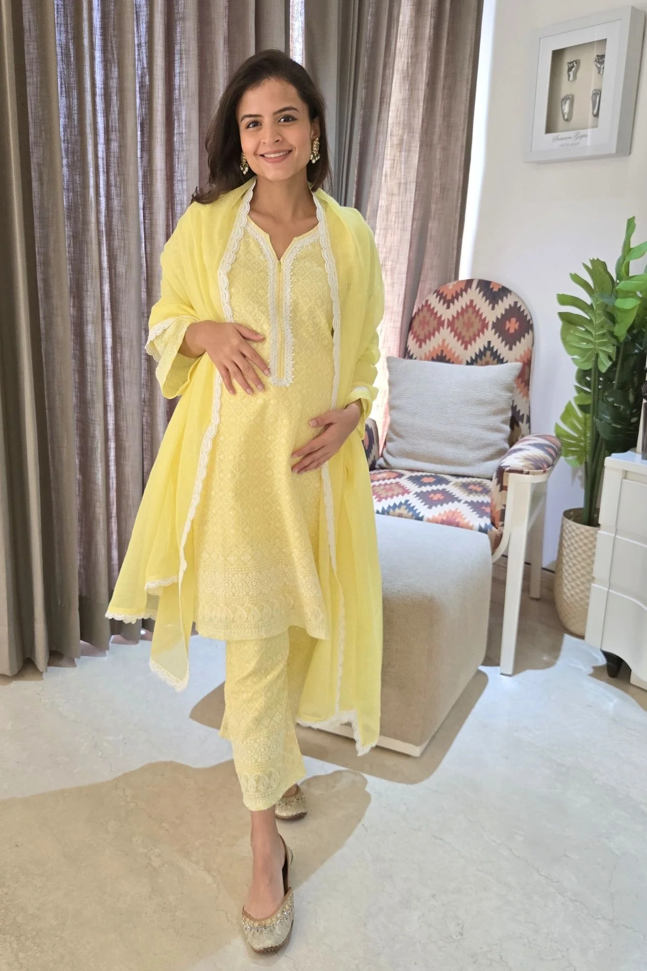 Yellow Maternity & Nursing Kurta + Bottom + Dupatta (3 Pc) (100% Cotton) - Chenance
