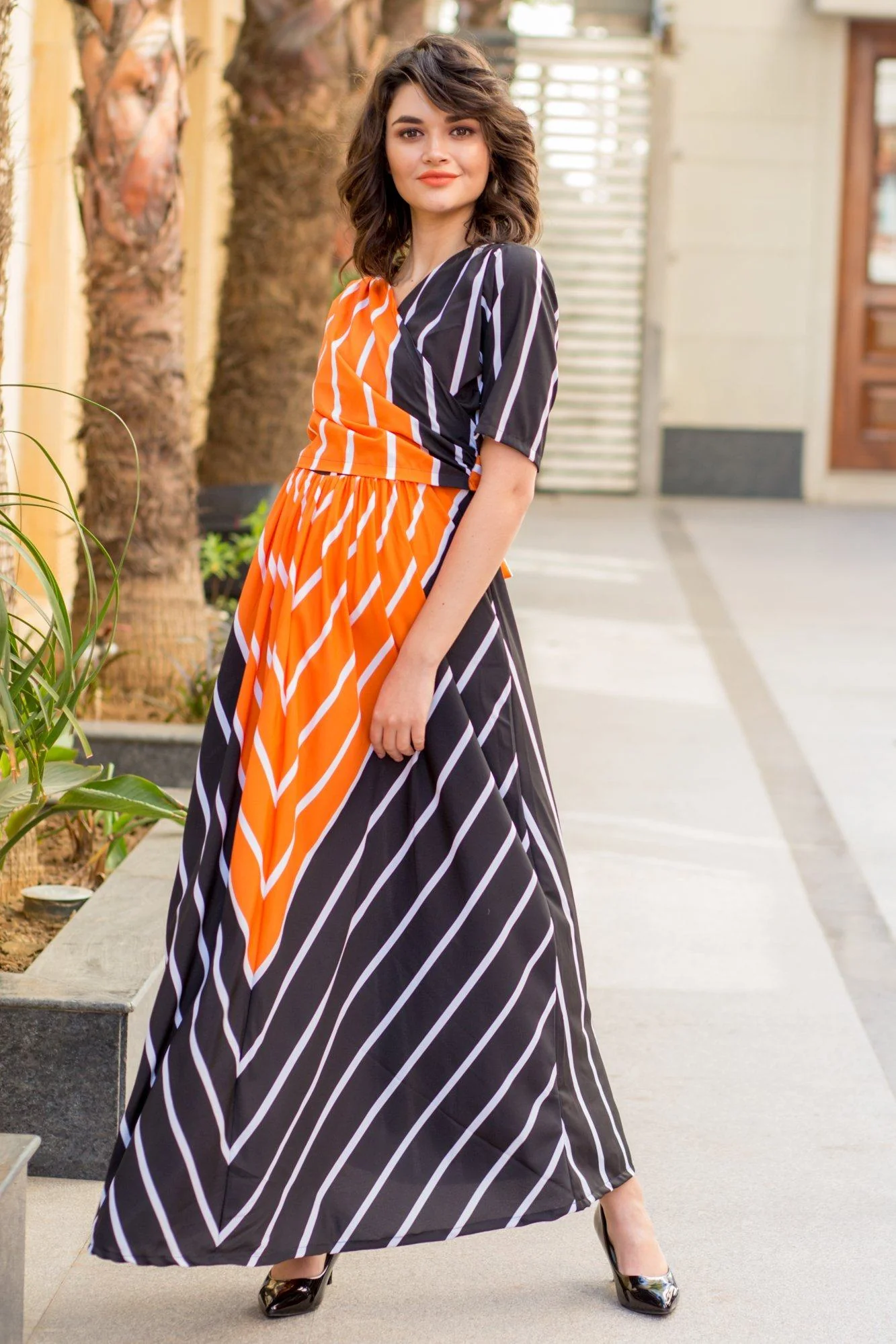 Tangerine Jade Striped Maternity & Nursing Wrap Dress - Chenance