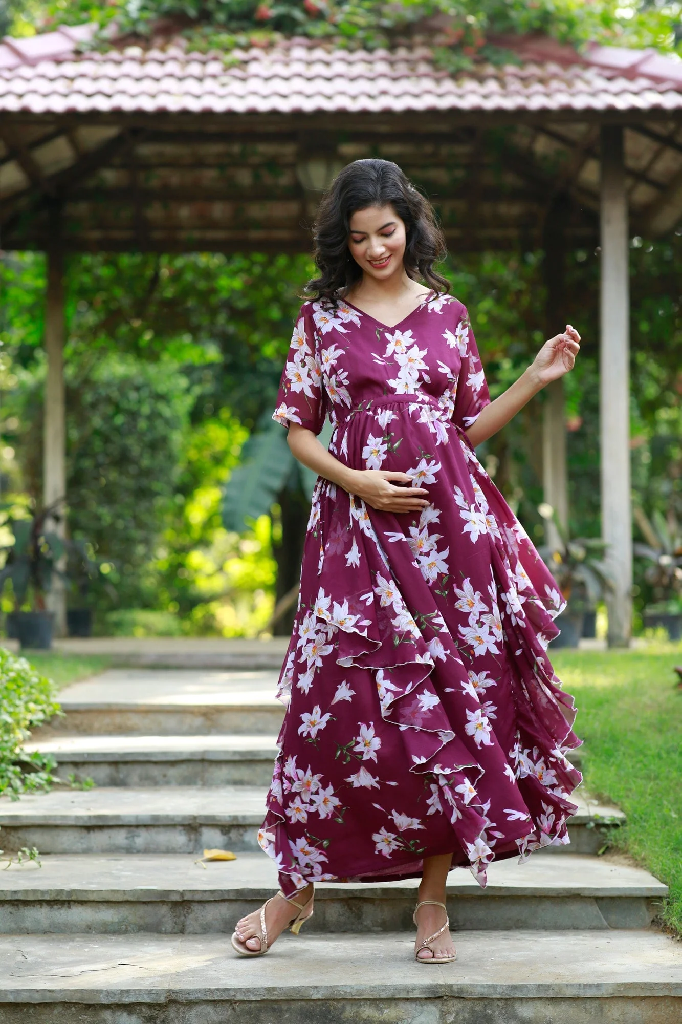 Eden Grape Wine Floral Maternity & Nursing Flow Dress - Chenance
