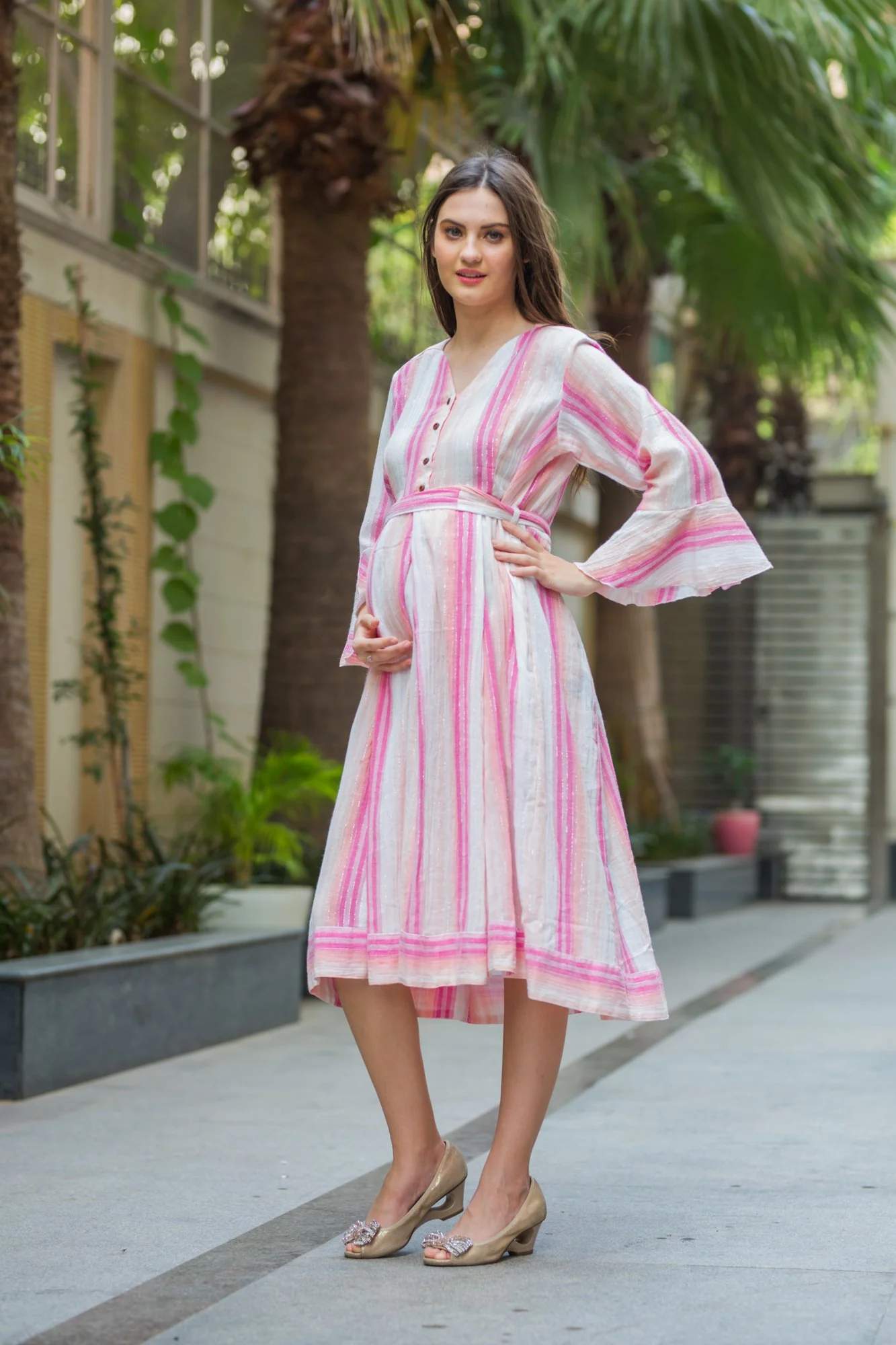 Stripes Embellished Front Button Maternity & Nursing Dress - Chenance