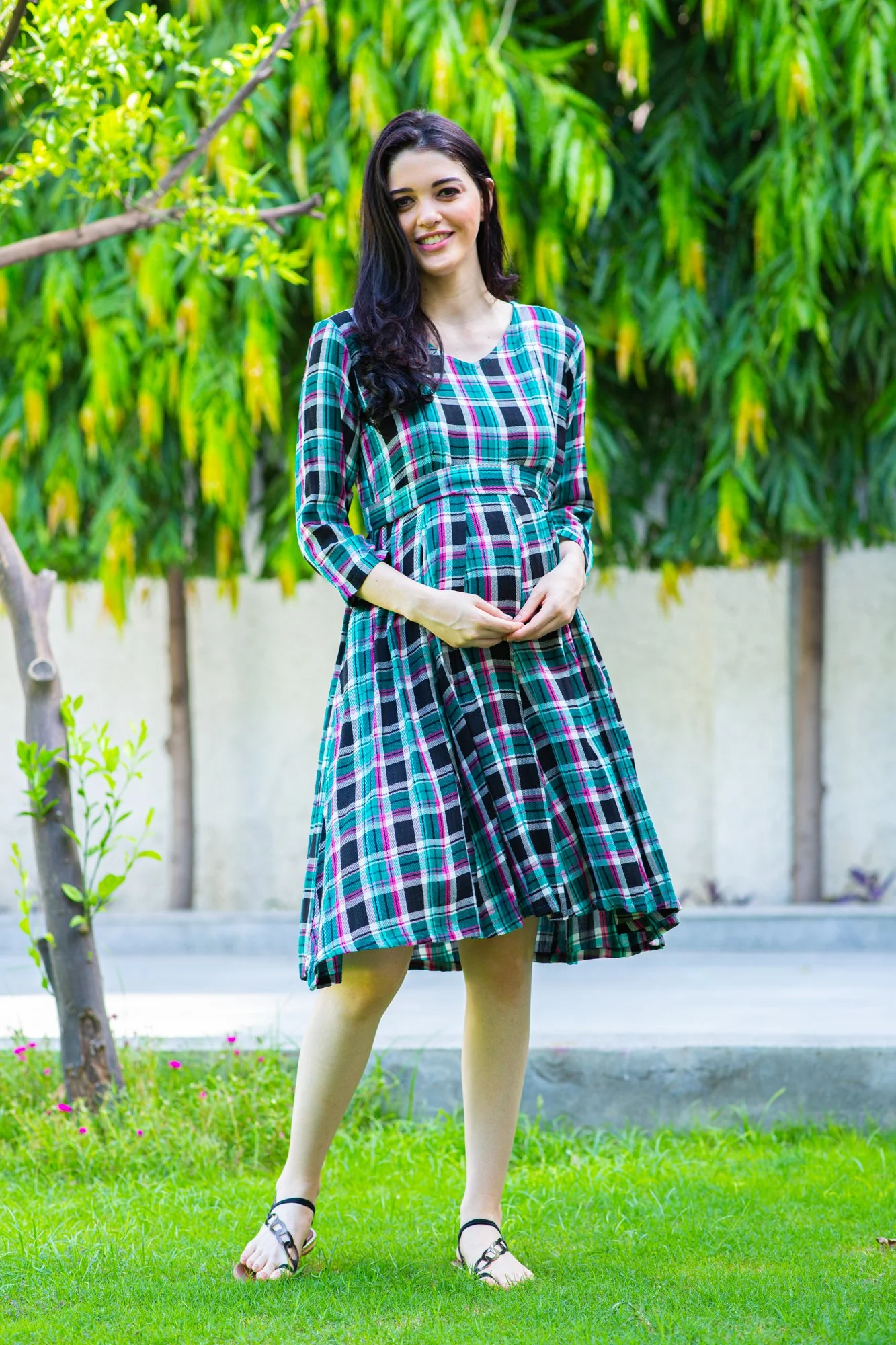 Blue Pink Concealed Zips Maternity and Nursing Dress - Chenance