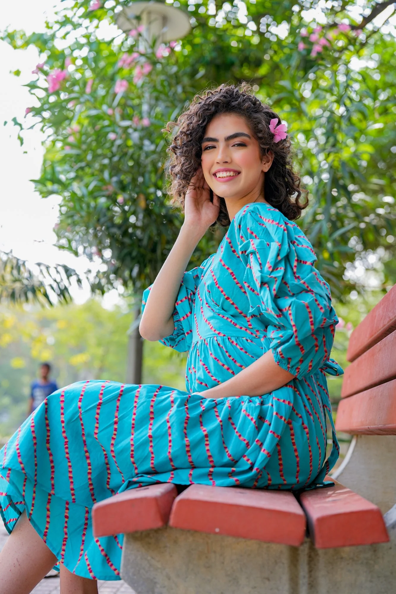 Charming Cerulean Blue Maternity & Nursing Frill Wrap Dress (100% Cotton) - Chenance