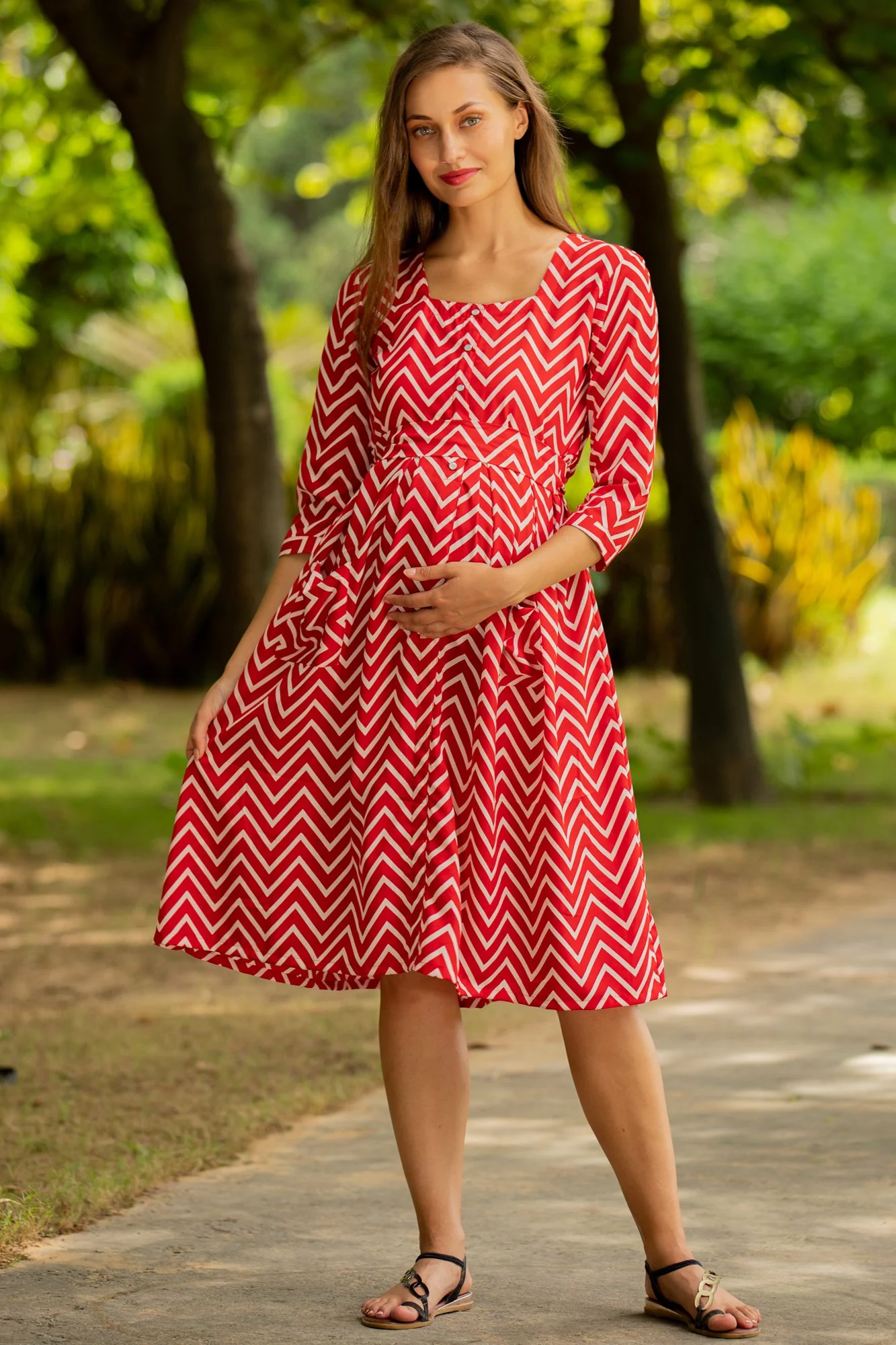 Red Zig Zag Pocket Maternity & Nursing Dress - Chenance