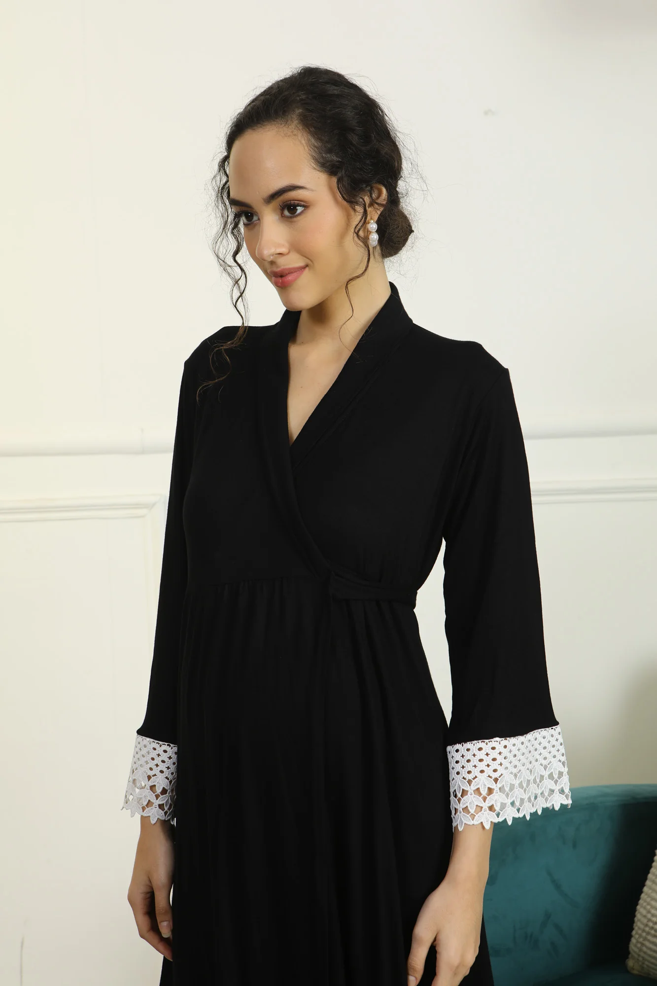 Royal Black Lycra Maternity & Nursing Wrap Nightwear Dress/ Hospital Gown/ Delivery Robes - Chenance