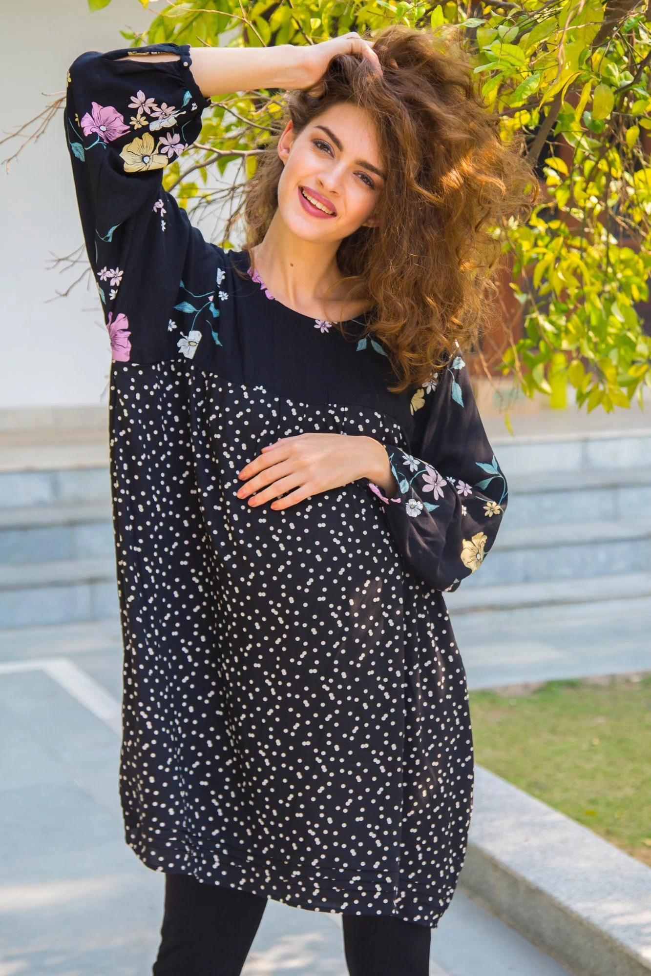 Floral Polka Flair Flow Maternity Top - Chenance