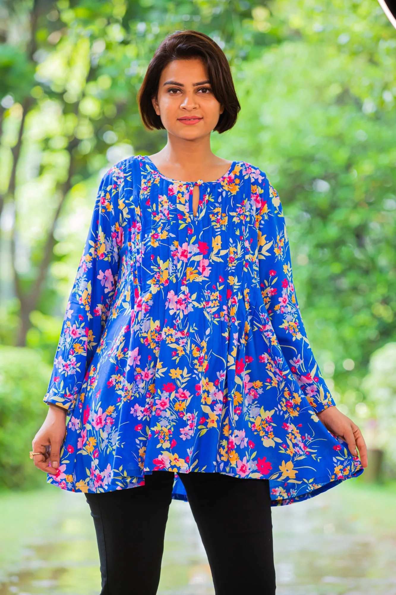 Blue Floral Pintucks Maternity & Nursing Top - Chenance