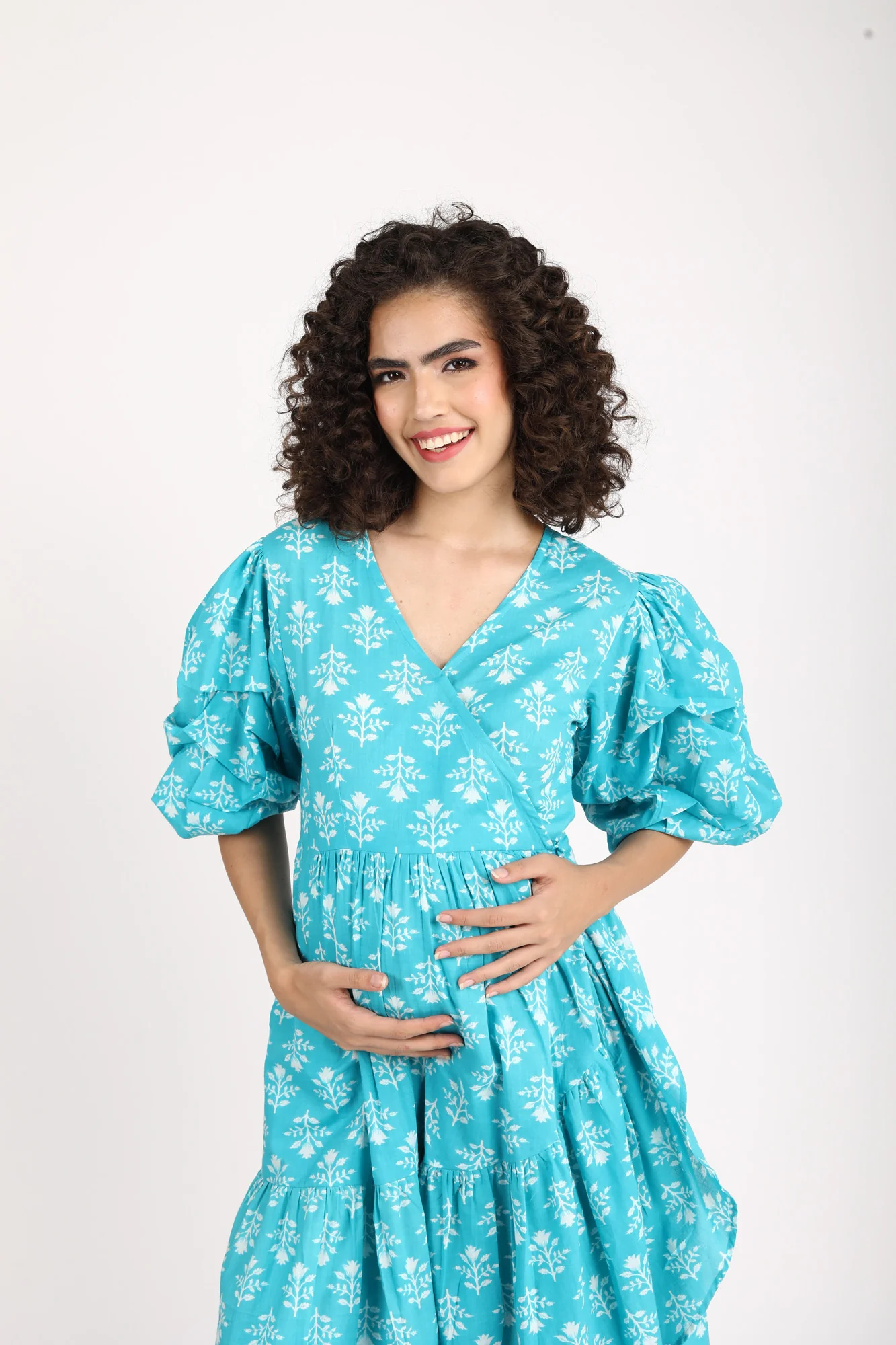 Love Iris Blue Maternity & Nursing Frill Wrap Dress (100% Cotton) - Chenance