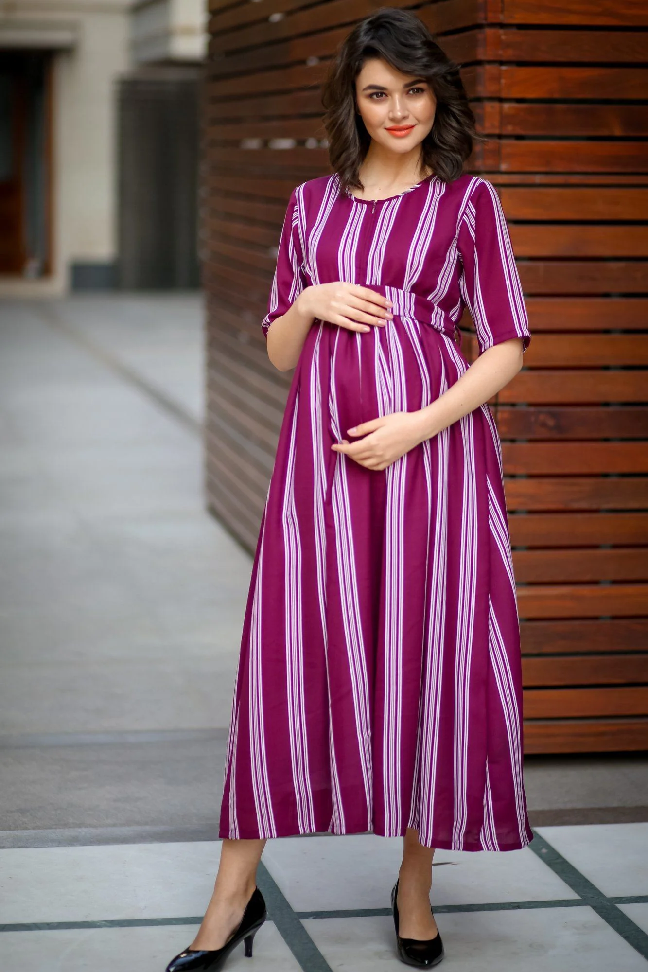 Plush Violet Striped Maternity & Nursing Dress - Chenance