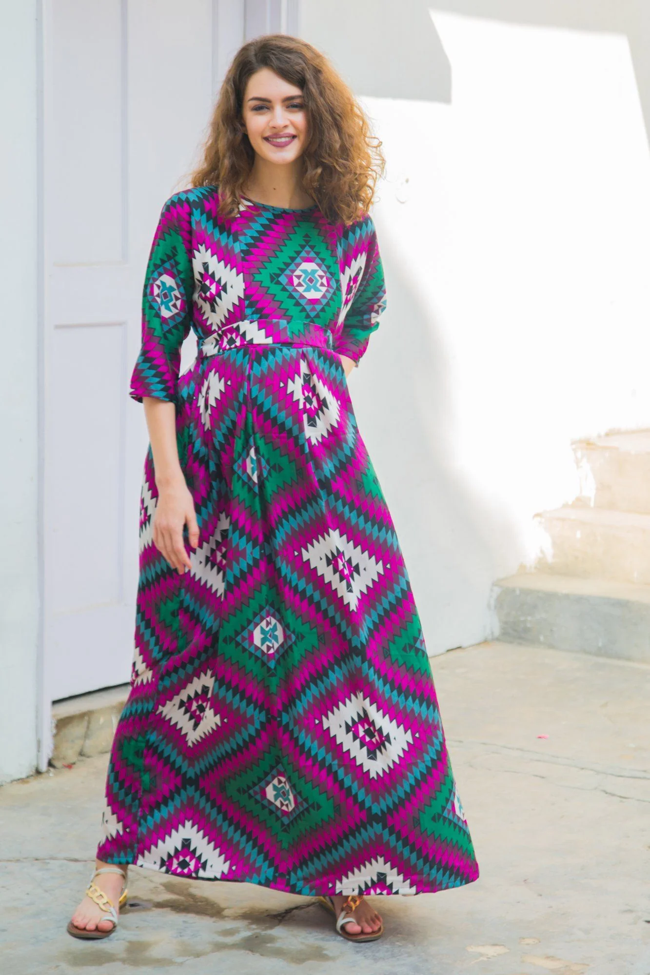 Azure Abstract Concealed Zip Maternity & Nursing Maxi - Chenance