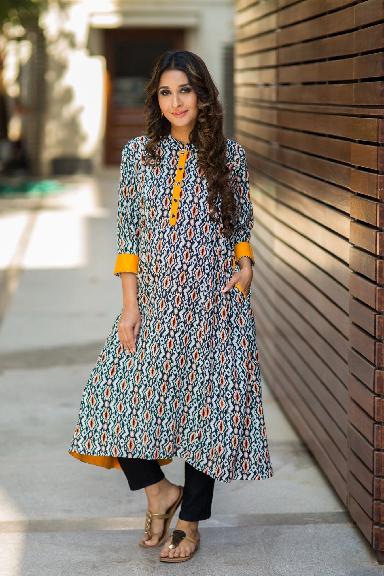 Black & Orange Pocket Maternity & Nursing Kurta - Chenance
