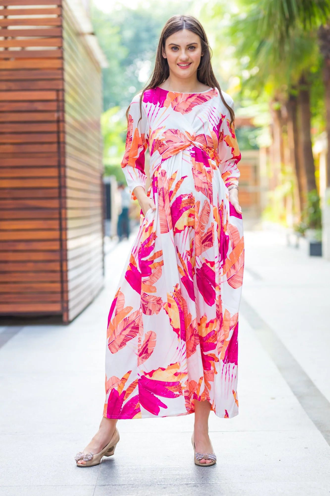 Tangy Floral Knot Maternity Midi Dress - Chenance