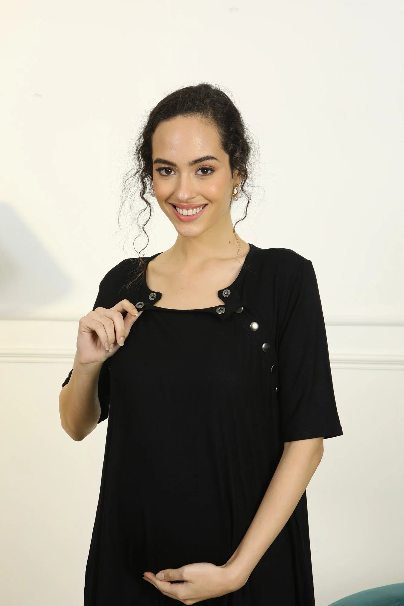 Soft Black Shoulder Snap Maternity & Nursing Night Dress / Delivery Gown/ Lounge Dress - Chenance