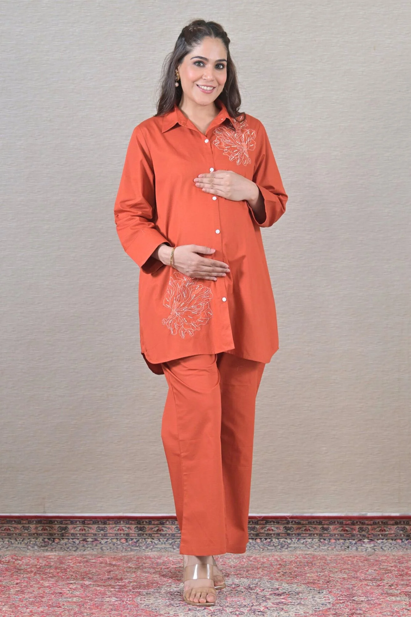 Iconic Tangerine Maternity & Nursing Shirt Coord Set (2 pc) (100% Cotton) - Chenance