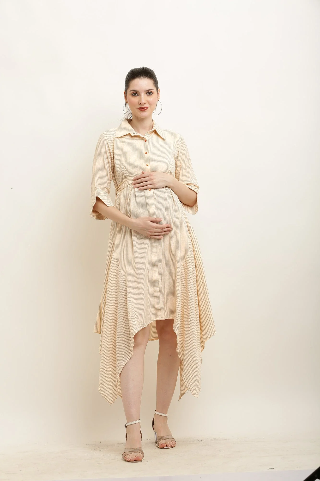 Brown Striped Versatile Maternity & Nursing Asymmetrical Shirt Dress - Chenance
