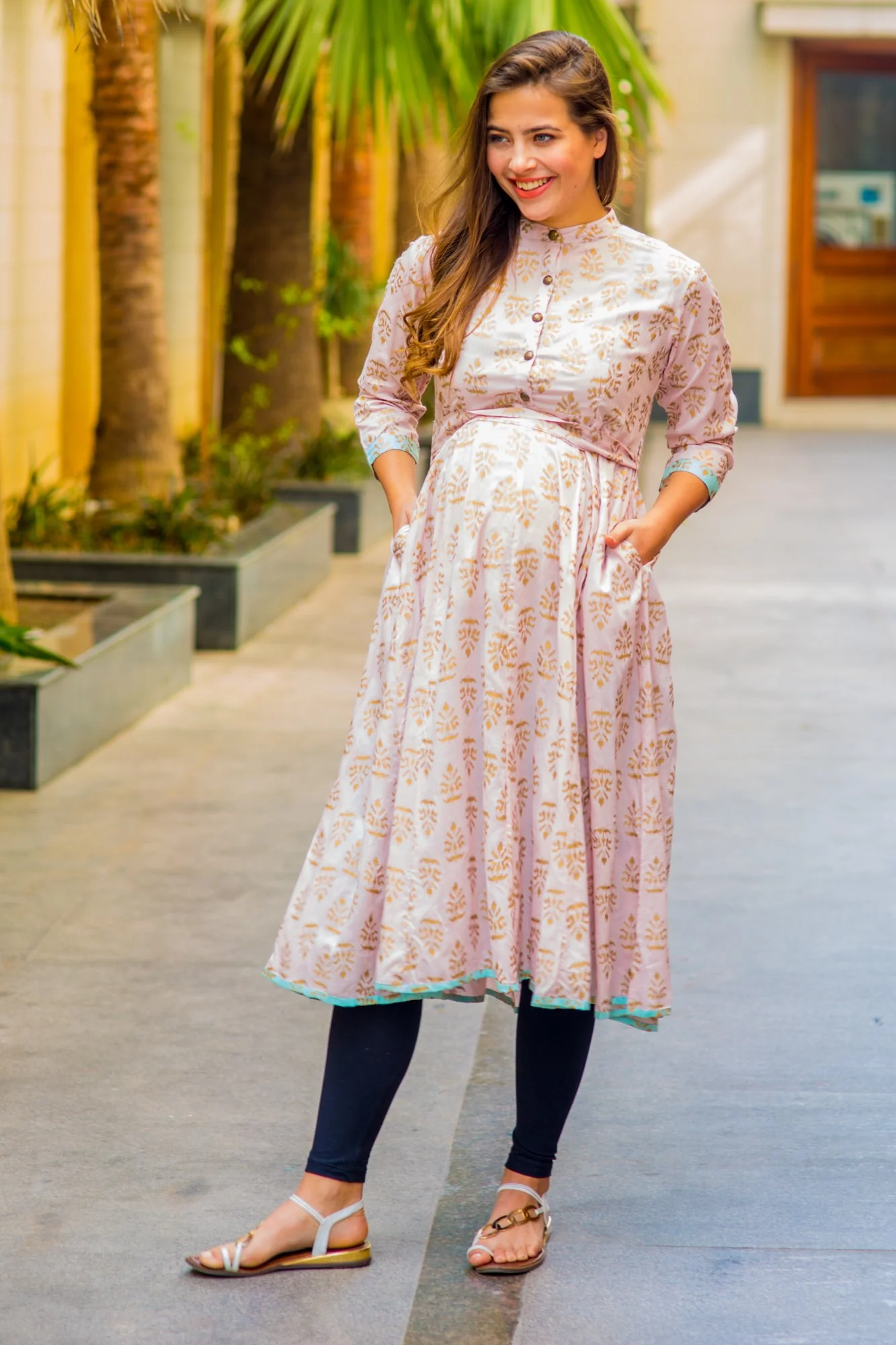 Pastel Pink Gold Block Print Silk Maternity & Nursing Kurta - Chenance
