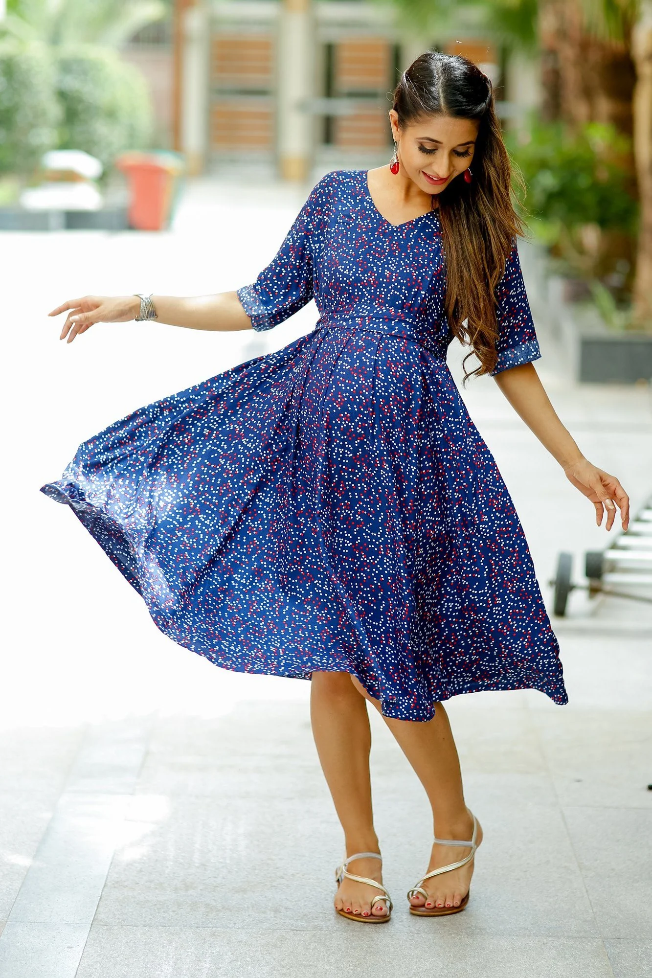 Blue Red White Polka Concealed Zips Maternity & Nursing Dress - Chenance