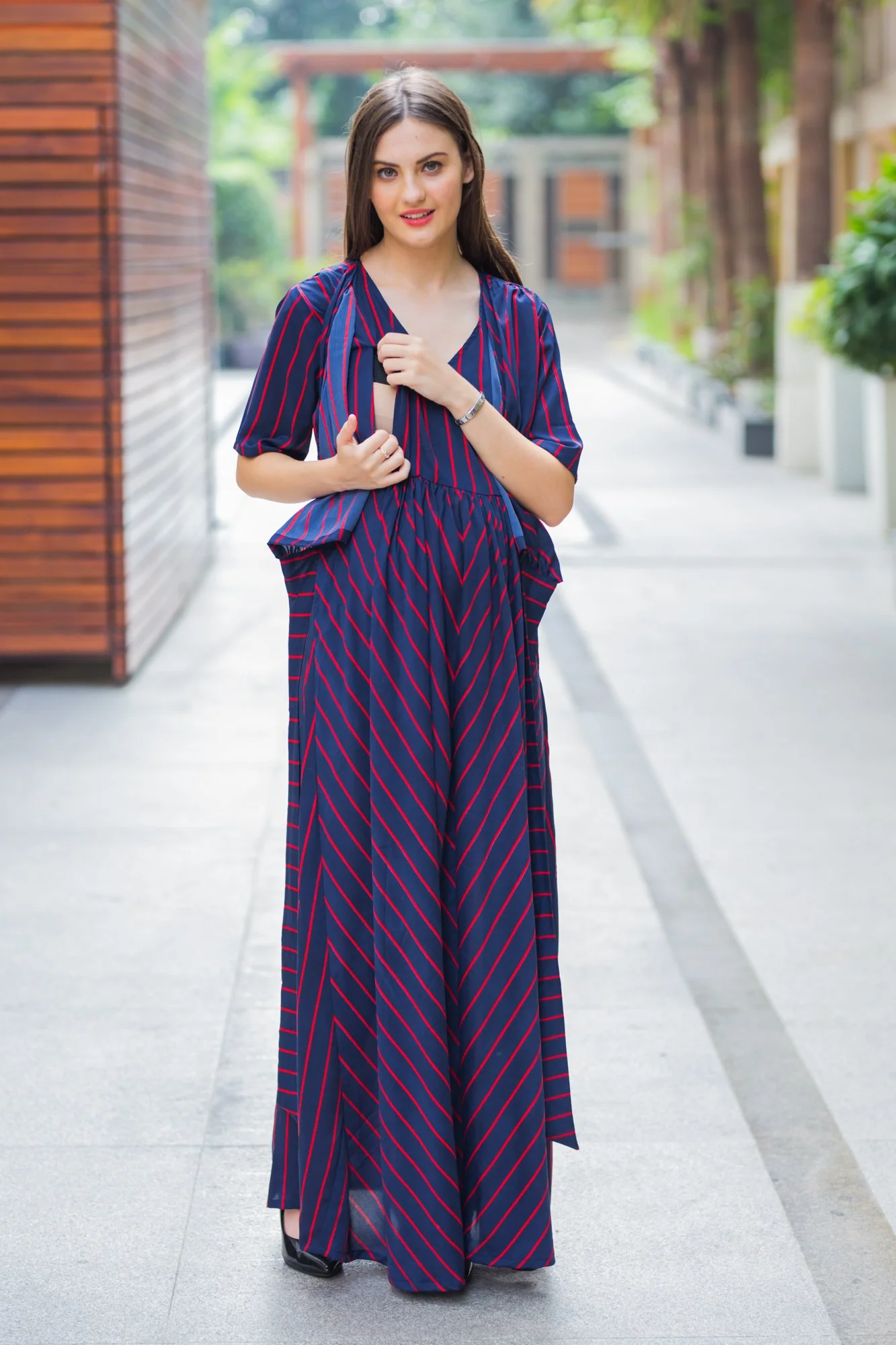 Era Navy Striped Maternity & Nursing Wrap Dress - Chenance