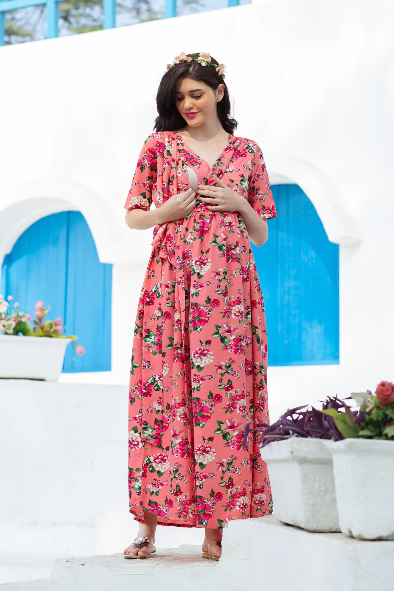 Peachy Tangerine Floral Maternity & Nursing Wrap Dress - Chenance