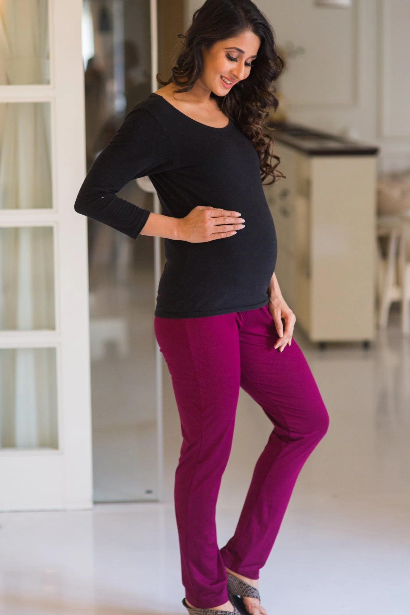 Burgundy Over Bump Stretchable Maternity Leggings - Chenance