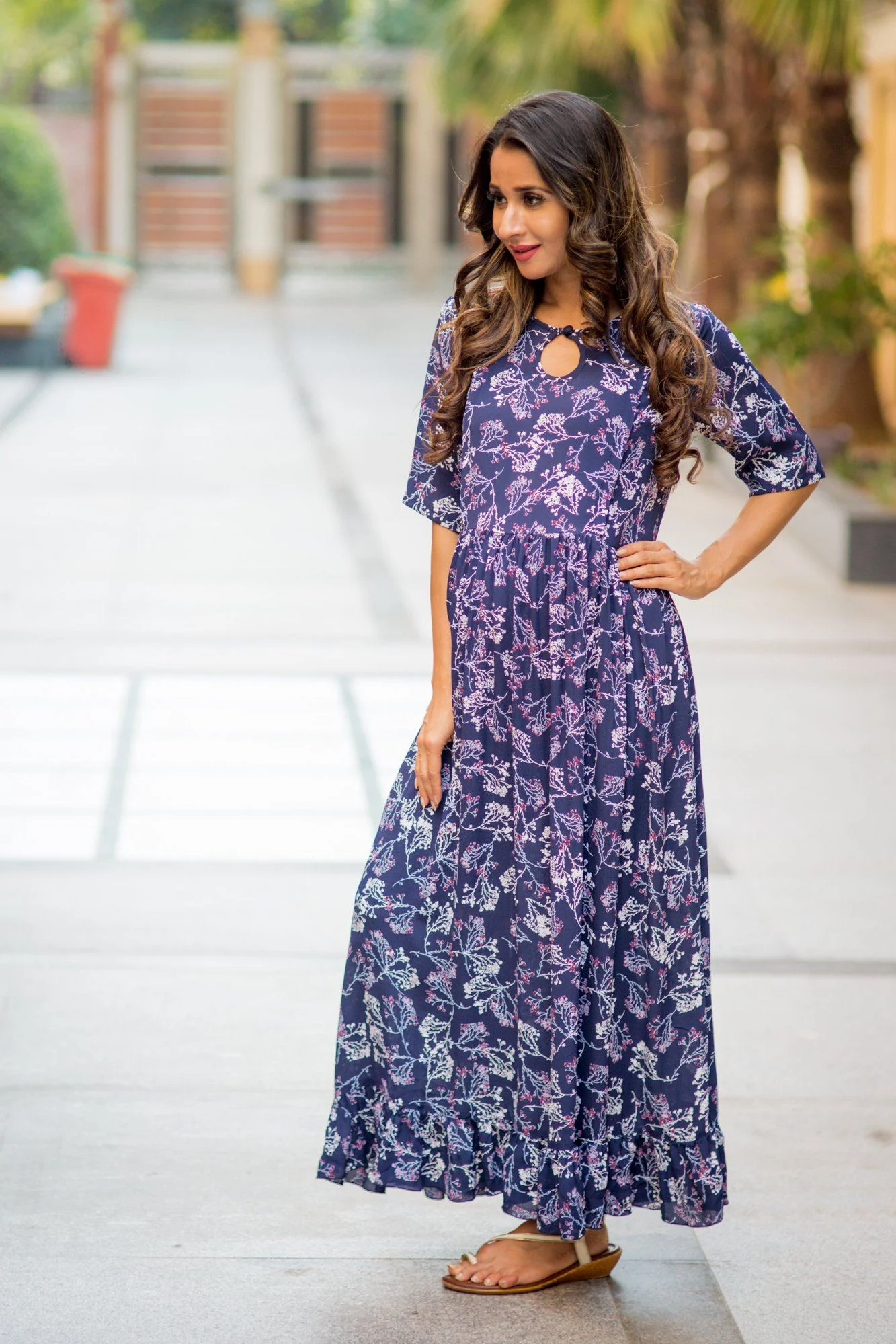 Lilac Frill Crepe Concealed Zips Nursing Dress - Chenance