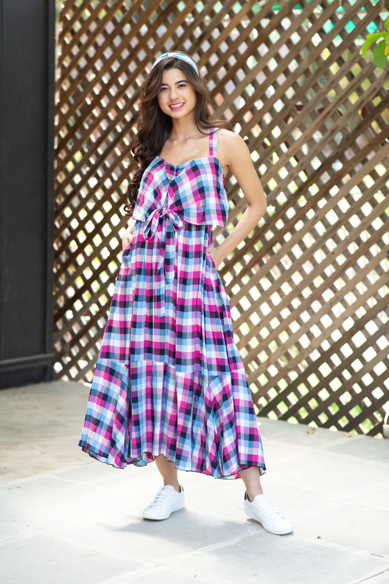 Arctic Pink Gingham Dual Bow Maternity Dress - Chenance