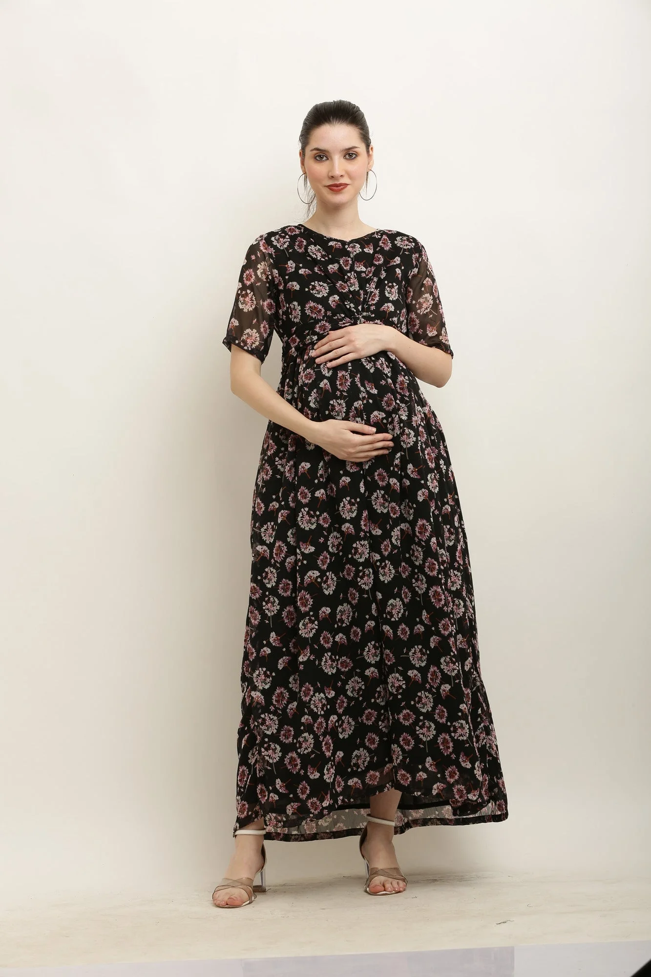 Royal Charcoal Blooming Maternity Knot Dress - Chenance