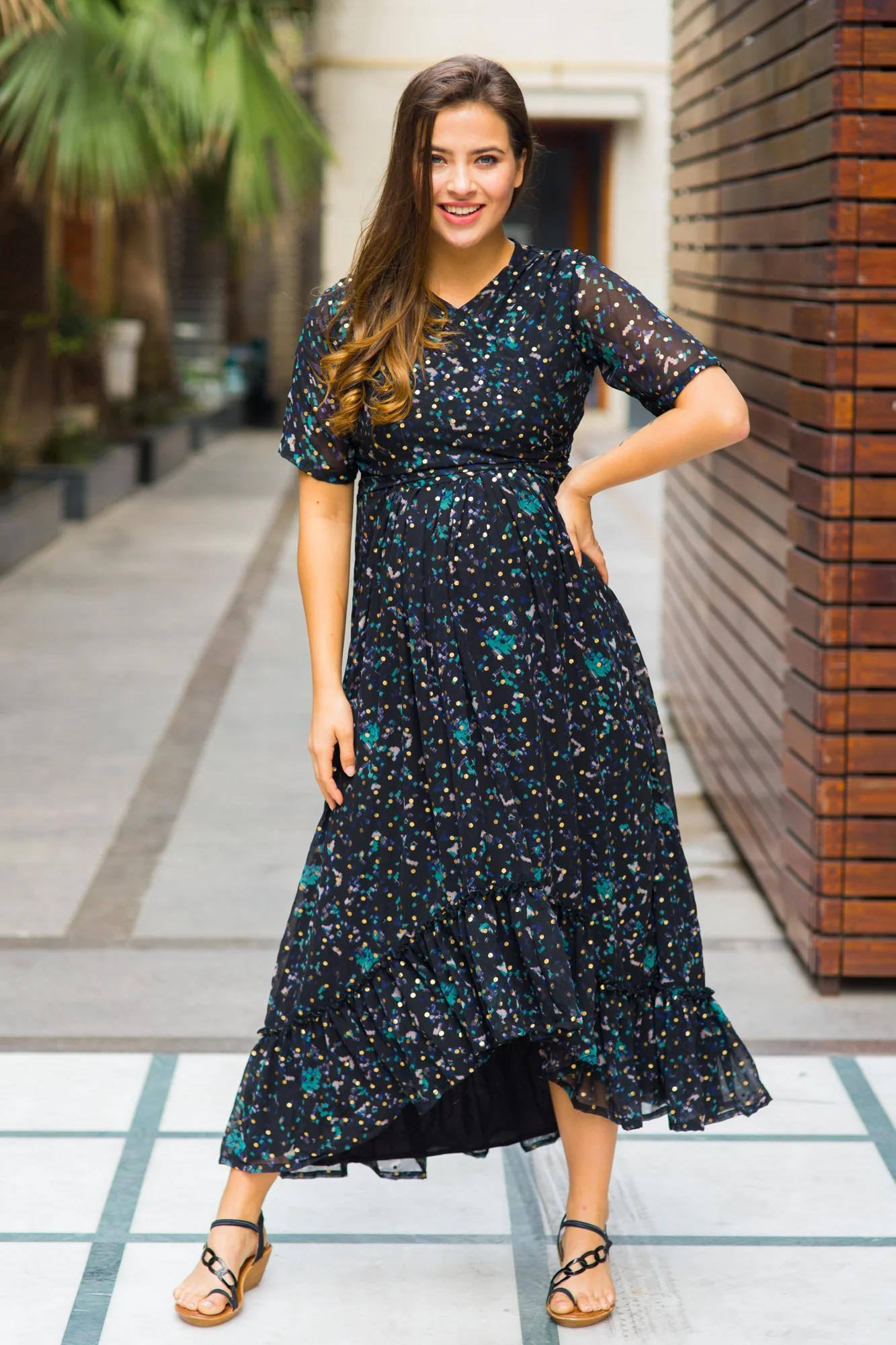 Midnight Gold Embellished Hi-Low Maternity & Nursing Wrap Dress - Chenance