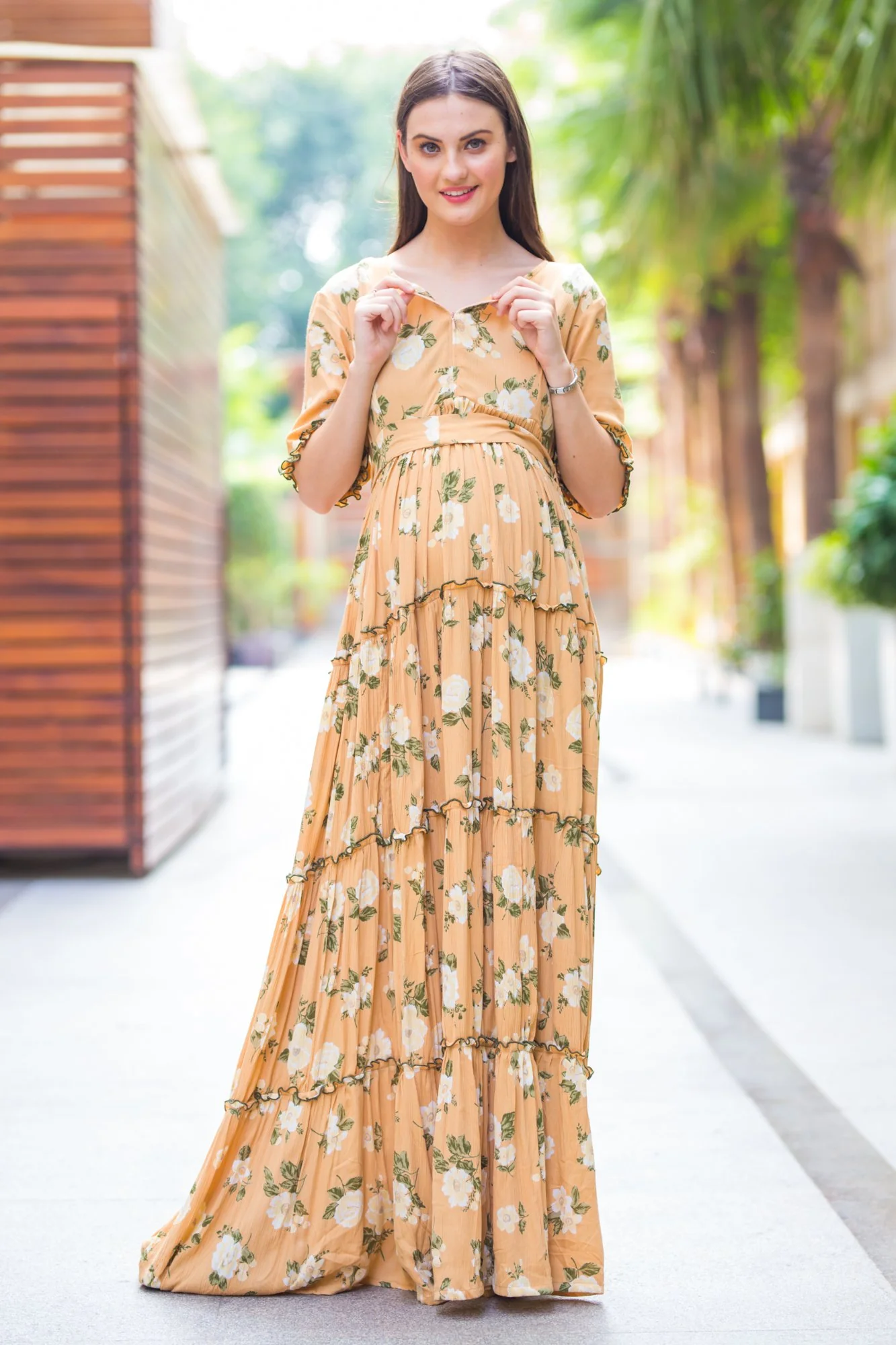 Multilayer Baby Fawn Frill Maternity & Nursing Dress - Chenance