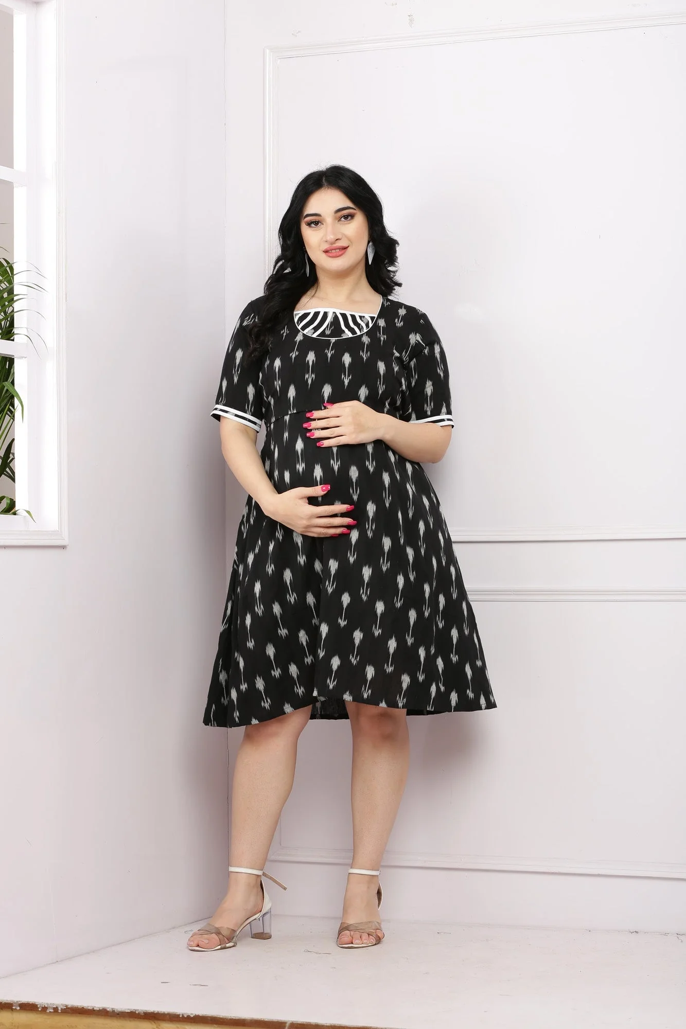 Ikat Jade Black Flap Maternity& Nursing Dress (100% Cotton) - Chenance