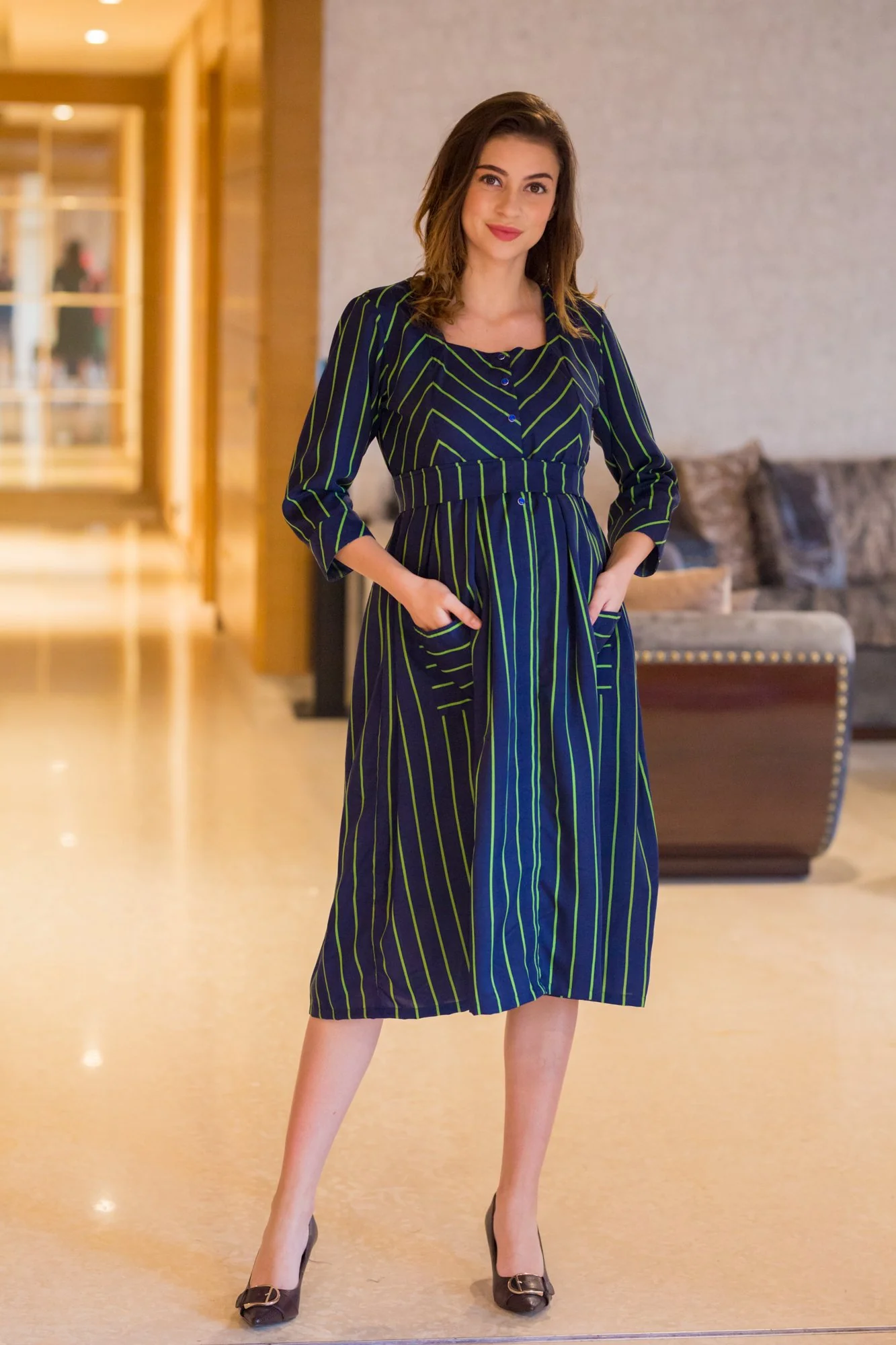 Alice Green Striped Maternity & Nursing Pocket Dress - Chenance